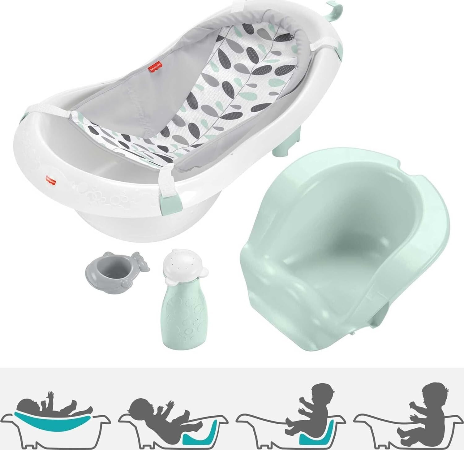 Fisher-Price Baby to Toddler Bath 4-in-1 Slingn Seat Tub 2 Toys Climbing Leaves