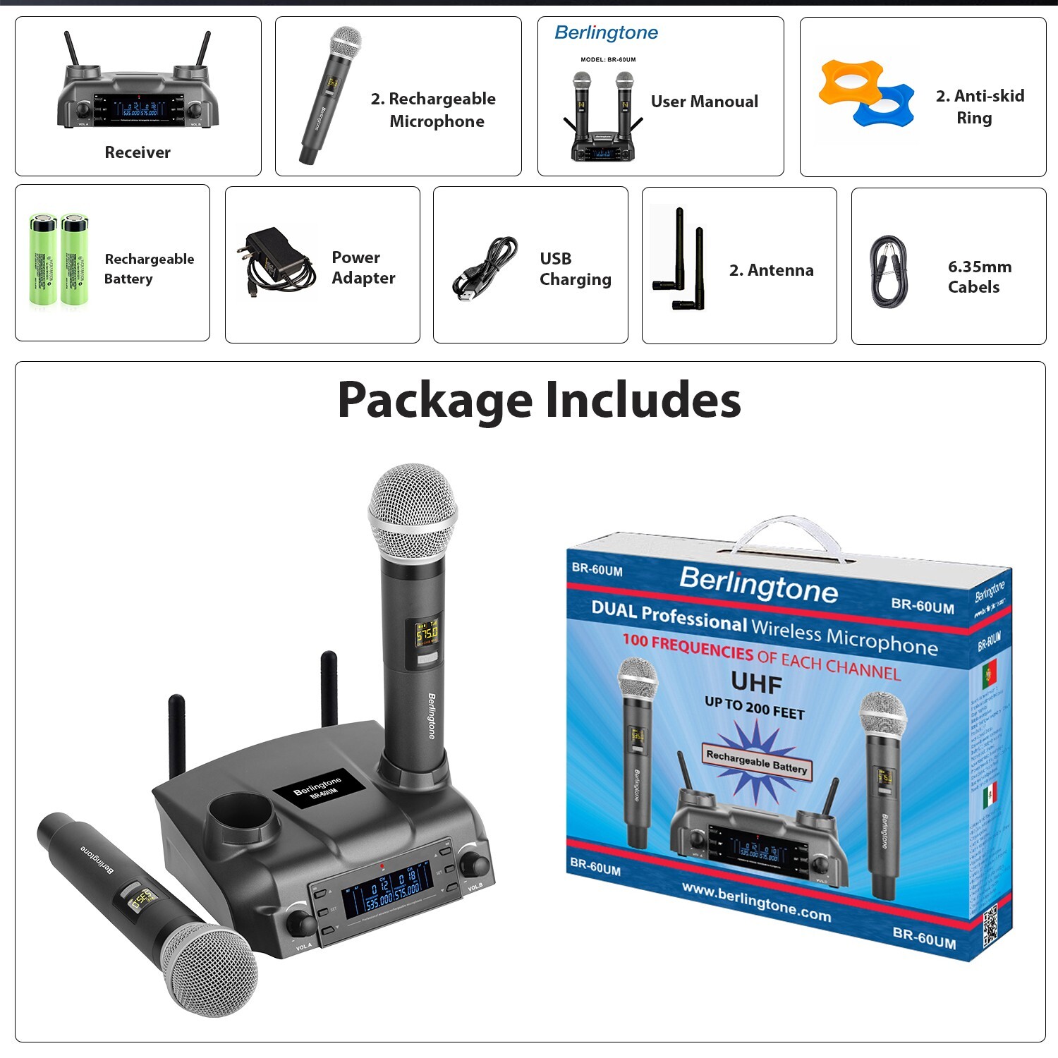 Berlingtone BR-60UM Wireless Microphone System Dual Wireless Mics, rechargeable