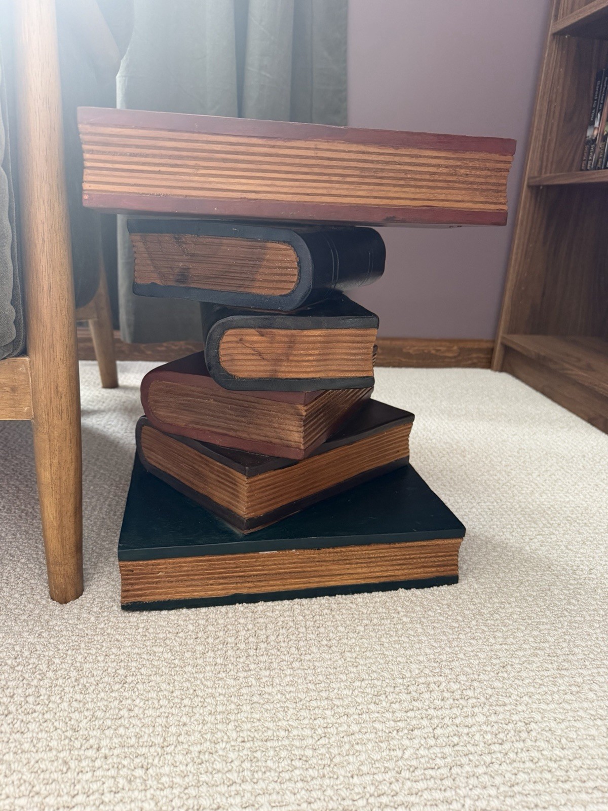 Trompe L’oeil Stacked Book Table Hand Painted Real Walnut 1970s 16x13x12 VTG