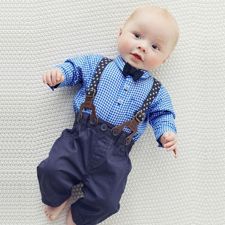 Kids Baby Boy Girls Bow Tie Plaid Shirt+Suspender Pants Trousers Outfit Set