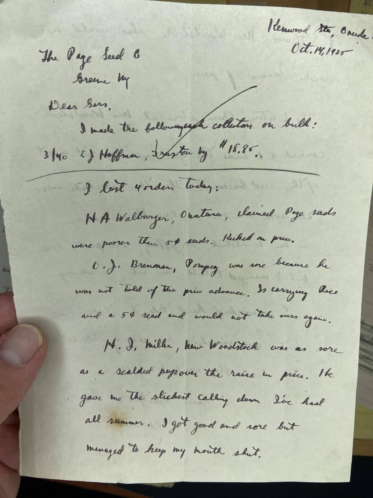 RARE Letter Archive - Traveling Salesman - Page Seed Co Greene, NY 1925 NY, PA,