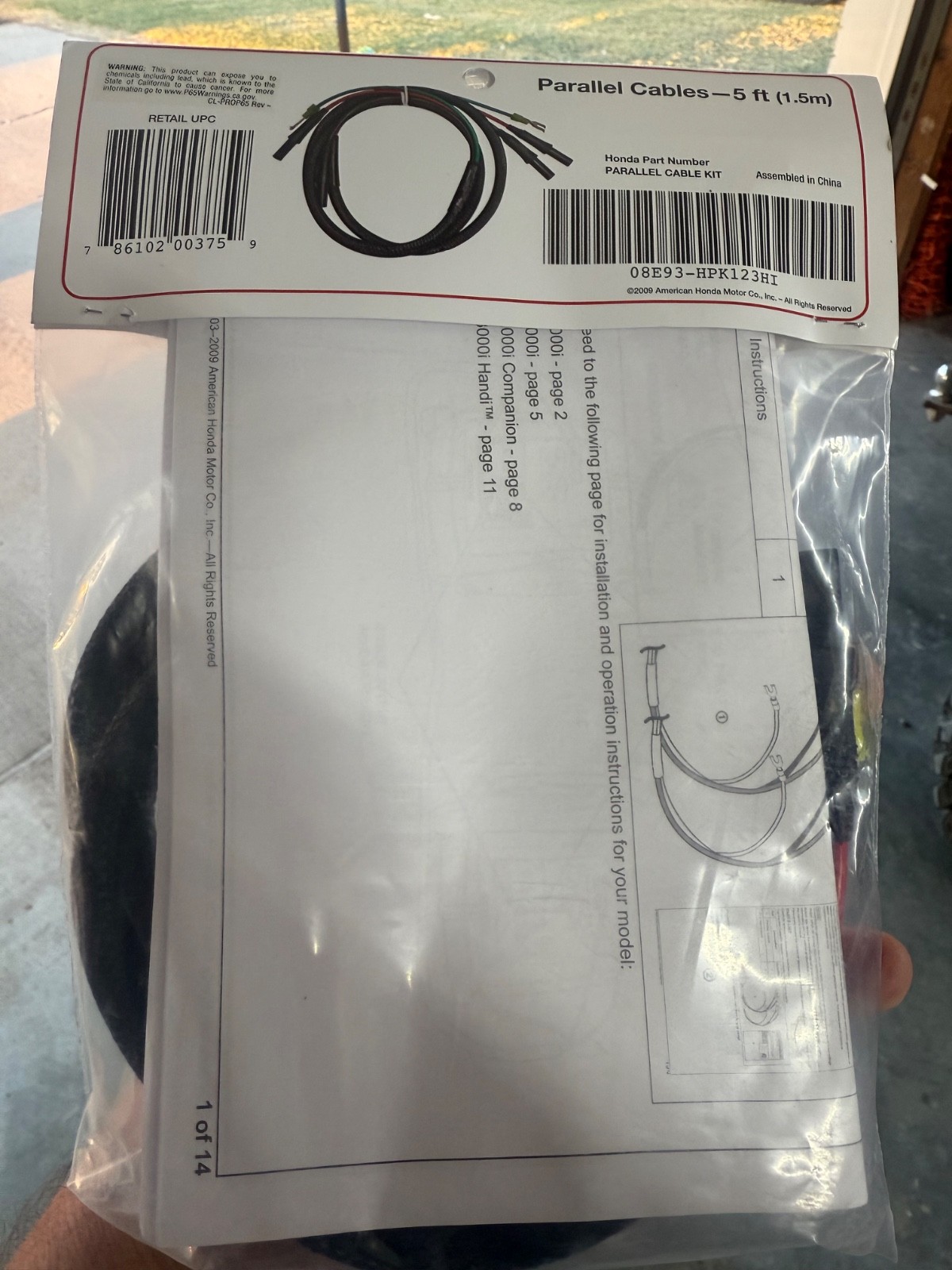 NIP OEM Honda Parallel Cables 5FT. 08E93-HPK123HI EU1000 EU2000 EU3000