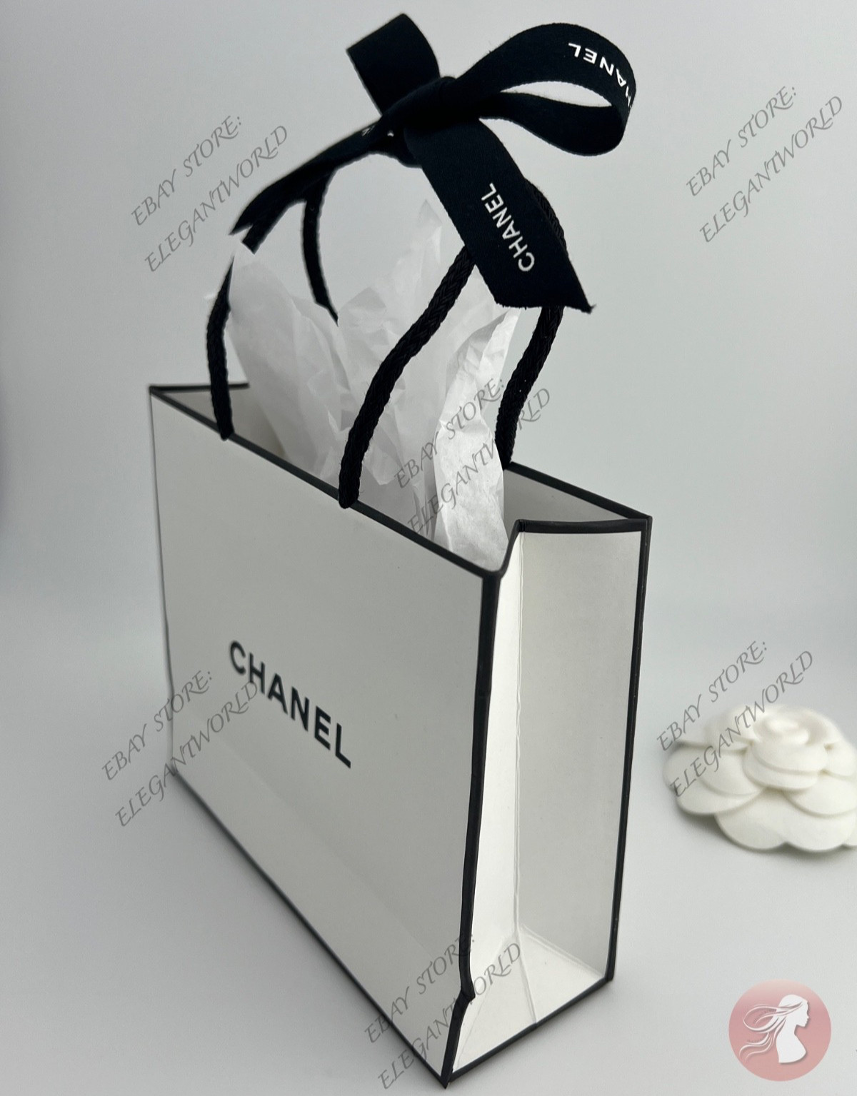 Chanel Small Empty Gift Bag White Paper Classic Black Logo L 5.5 x H 4.5 x D 2"