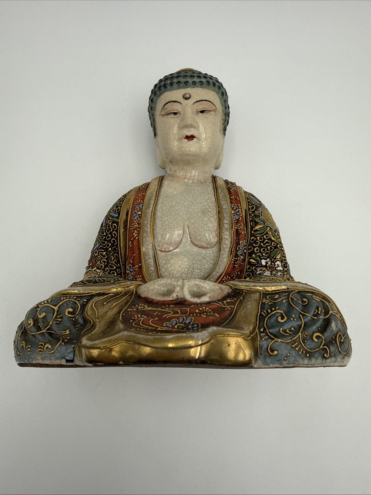 Vintage Japanese Satsuma Moriage Ceramic Buddha Figurine 8” High