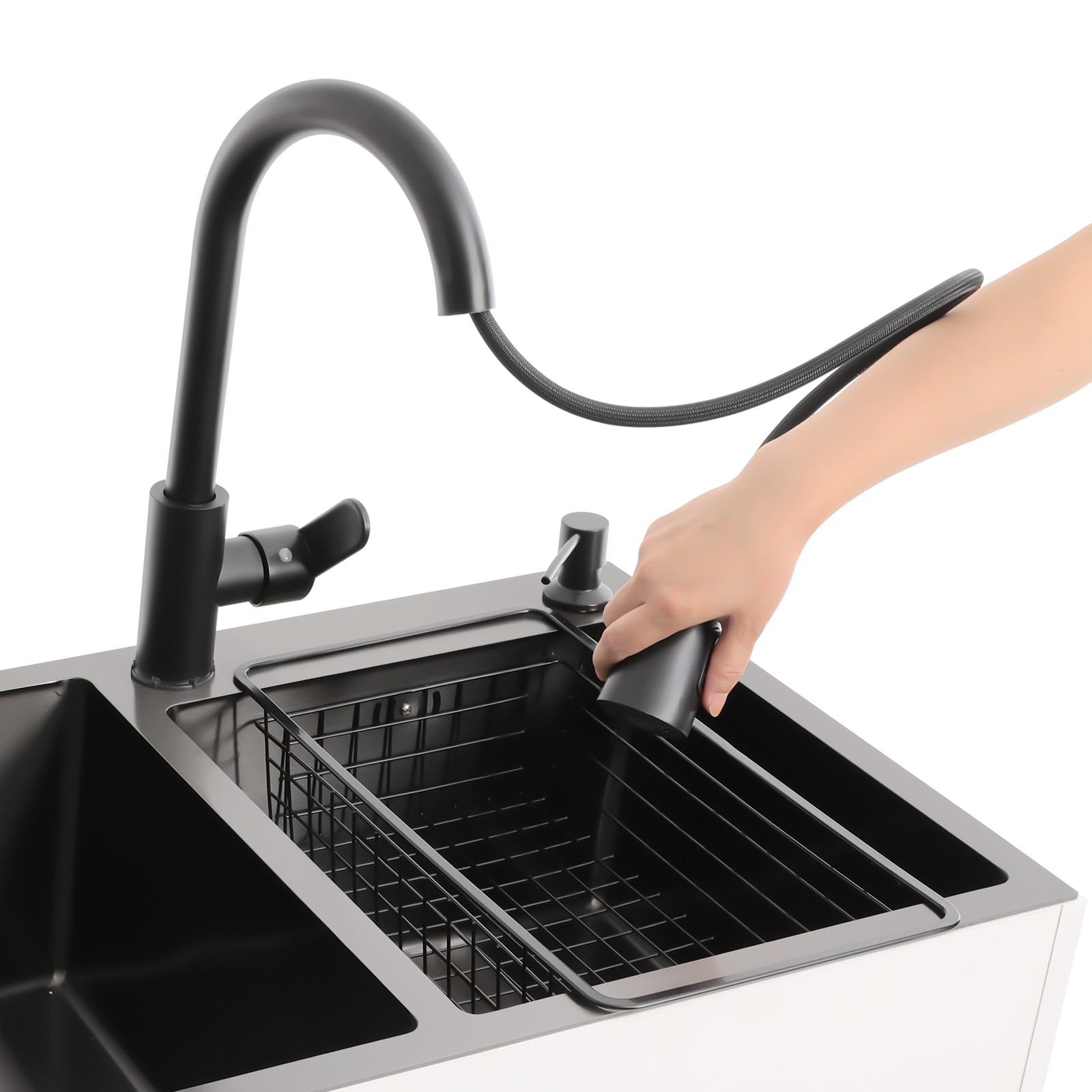 Stainless Steel Sink with Pull-Out Faucet and Cabinet Freestanding Kitchen Sink