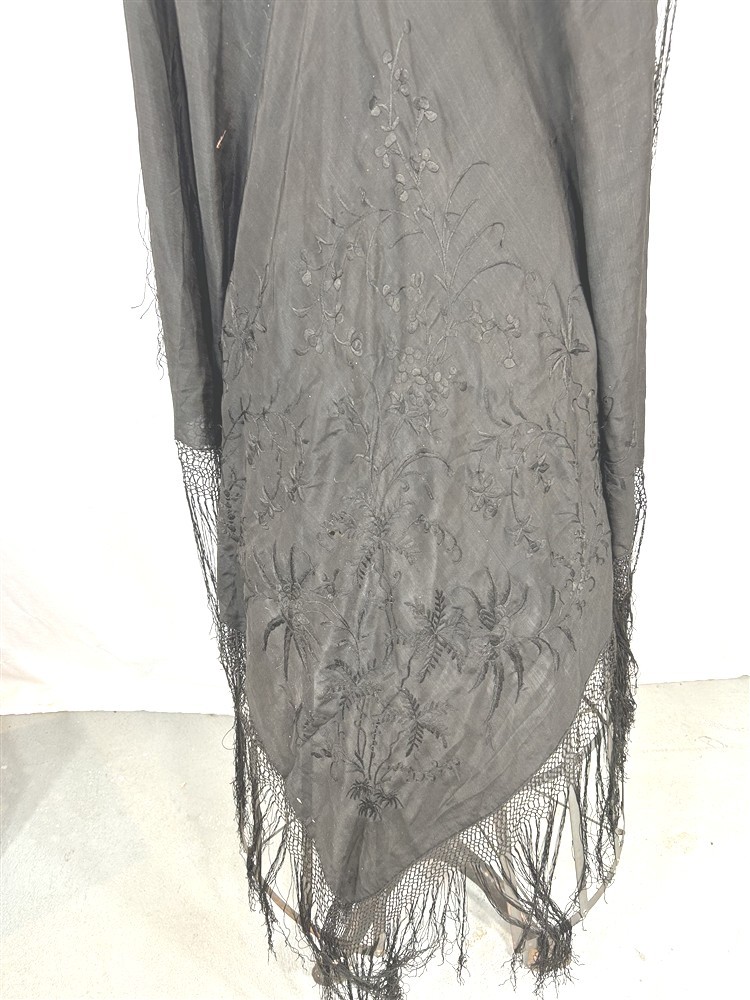 antique silk shawl embroidered black large 62 x 62 fringe 13 in. original 1800