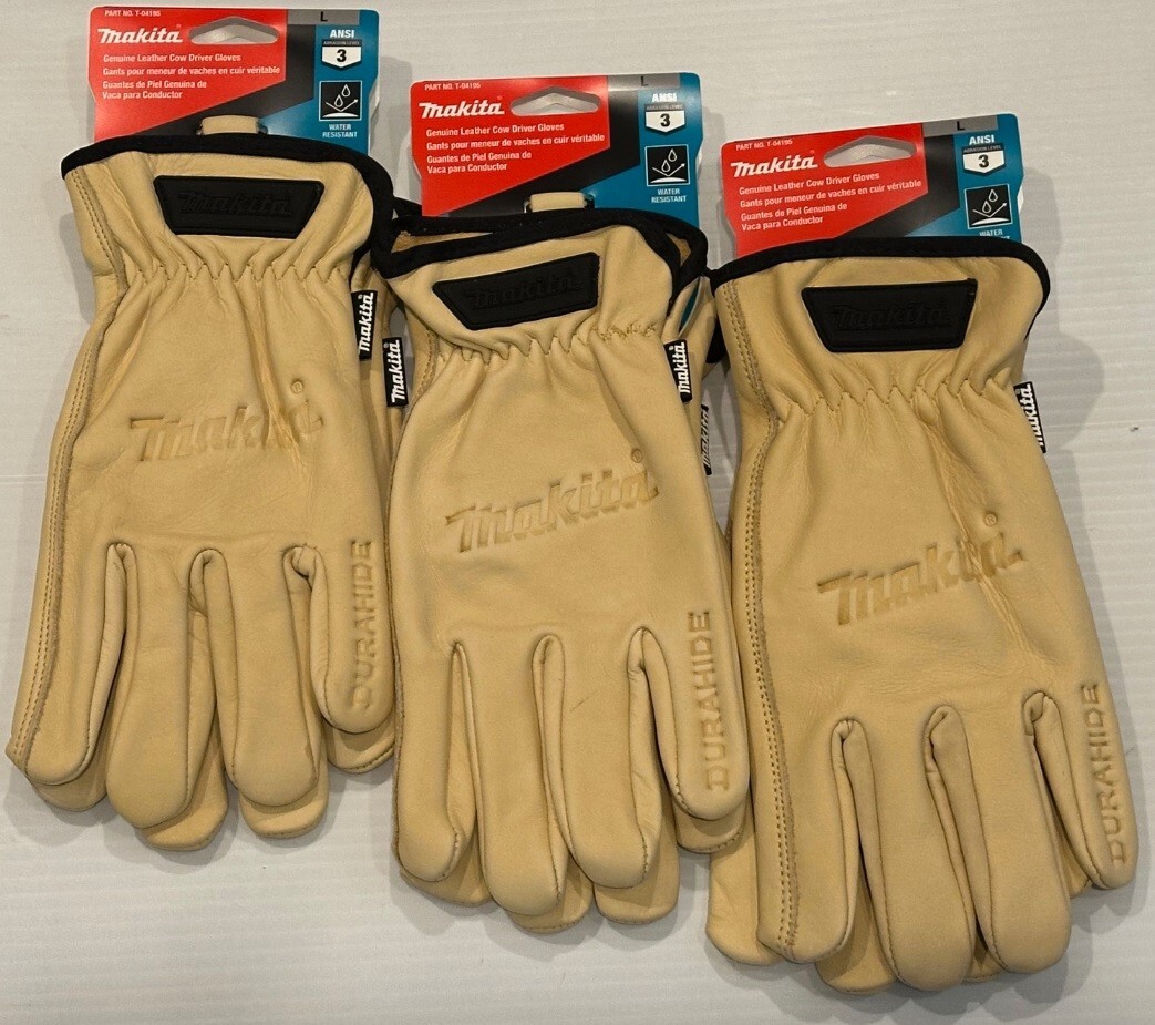 MAKITA T-04195 100% Genuine Leather Cow Driver Gloves (Large) 3 PACK