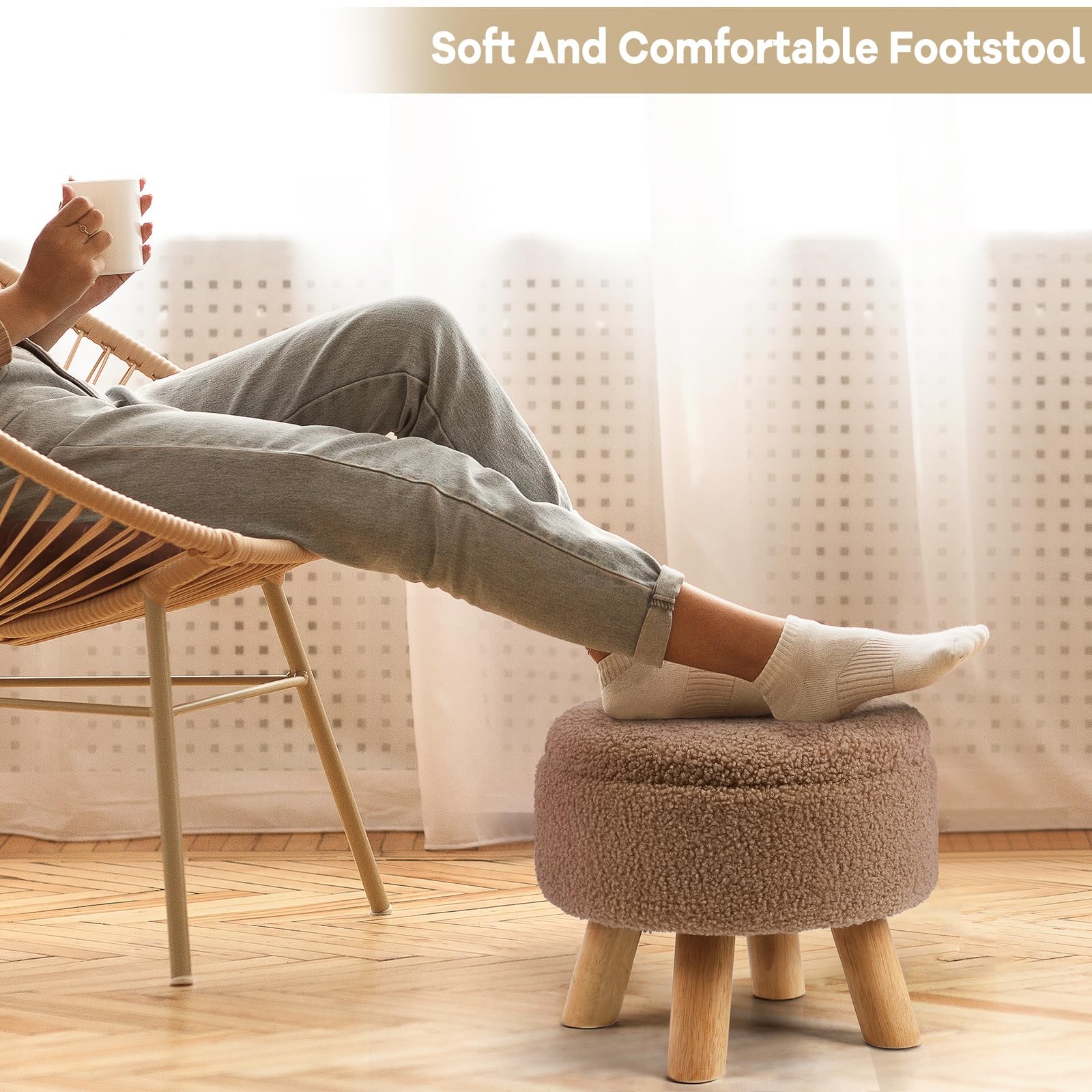 Ottoman Foot Rest, Small Round Ottoman with Storage, Boucle Teddy Velvet Foot...