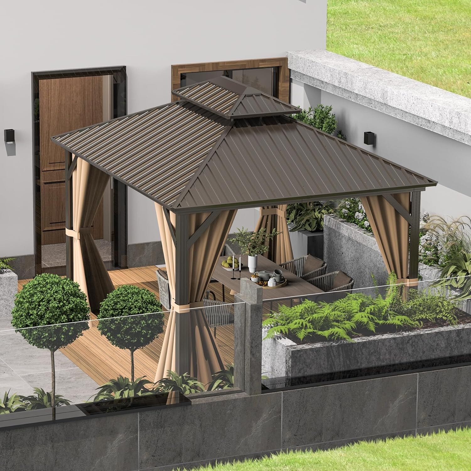 Domi 10’ x 12’ Hardtop Gazebo Outdoor Aluminum Gazebo w/Curtains and Net, Brown