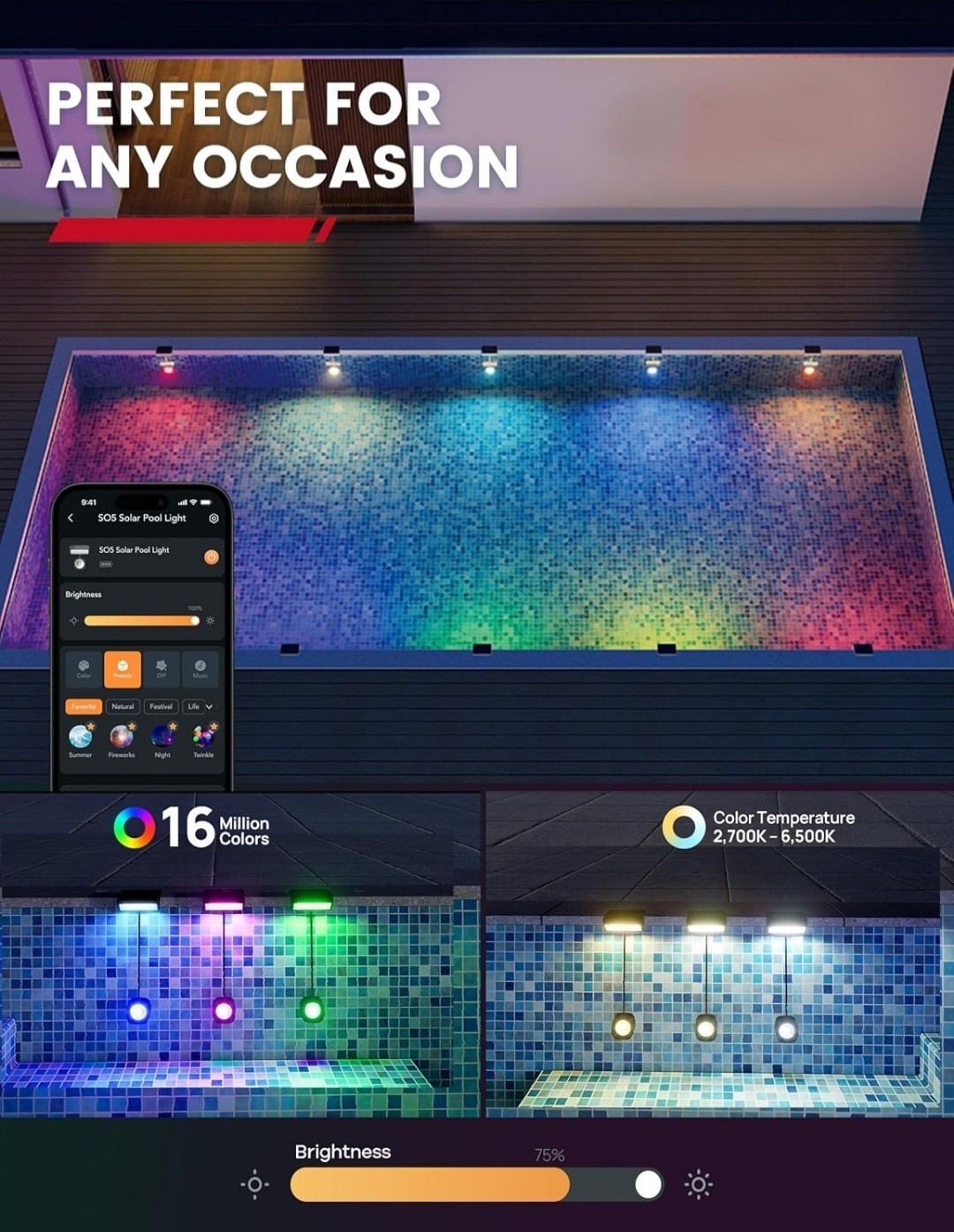 2 Pack Solar Pool Lights Submersible LED With Remote 16 Million Colors 54 Modes