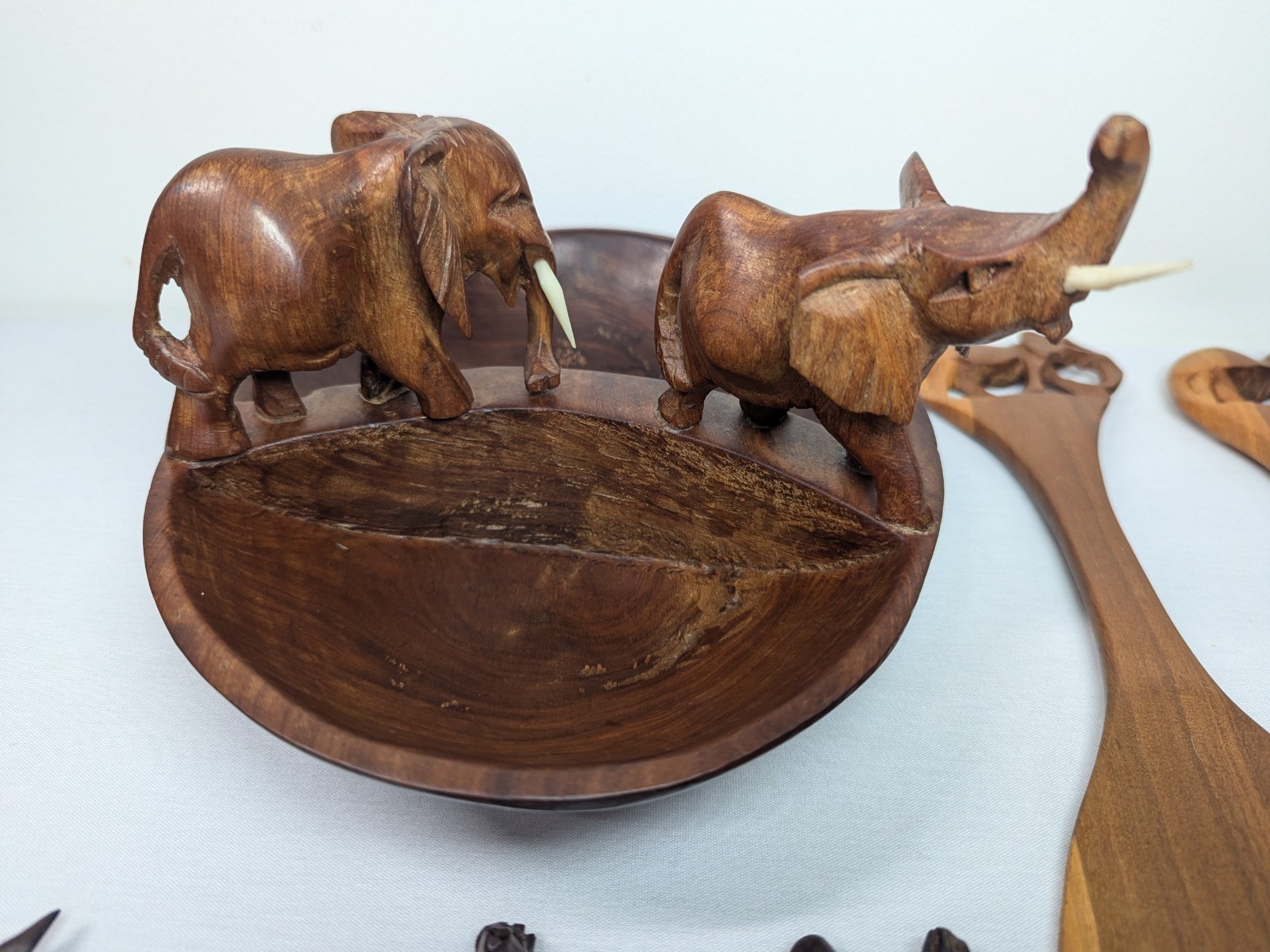 African Hand Made Carved Wooded Elephant Divided Bowl & Animal Serving Utensils