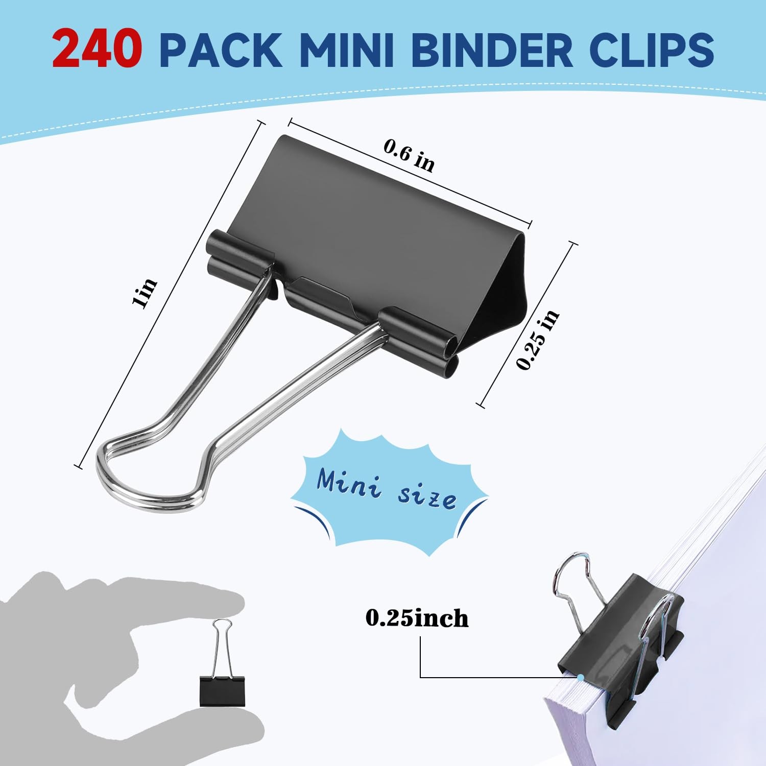 240 Pack Mini Binder Clips, Black Binder Clips, Small Paper Clips 15mm 5/8 Inch