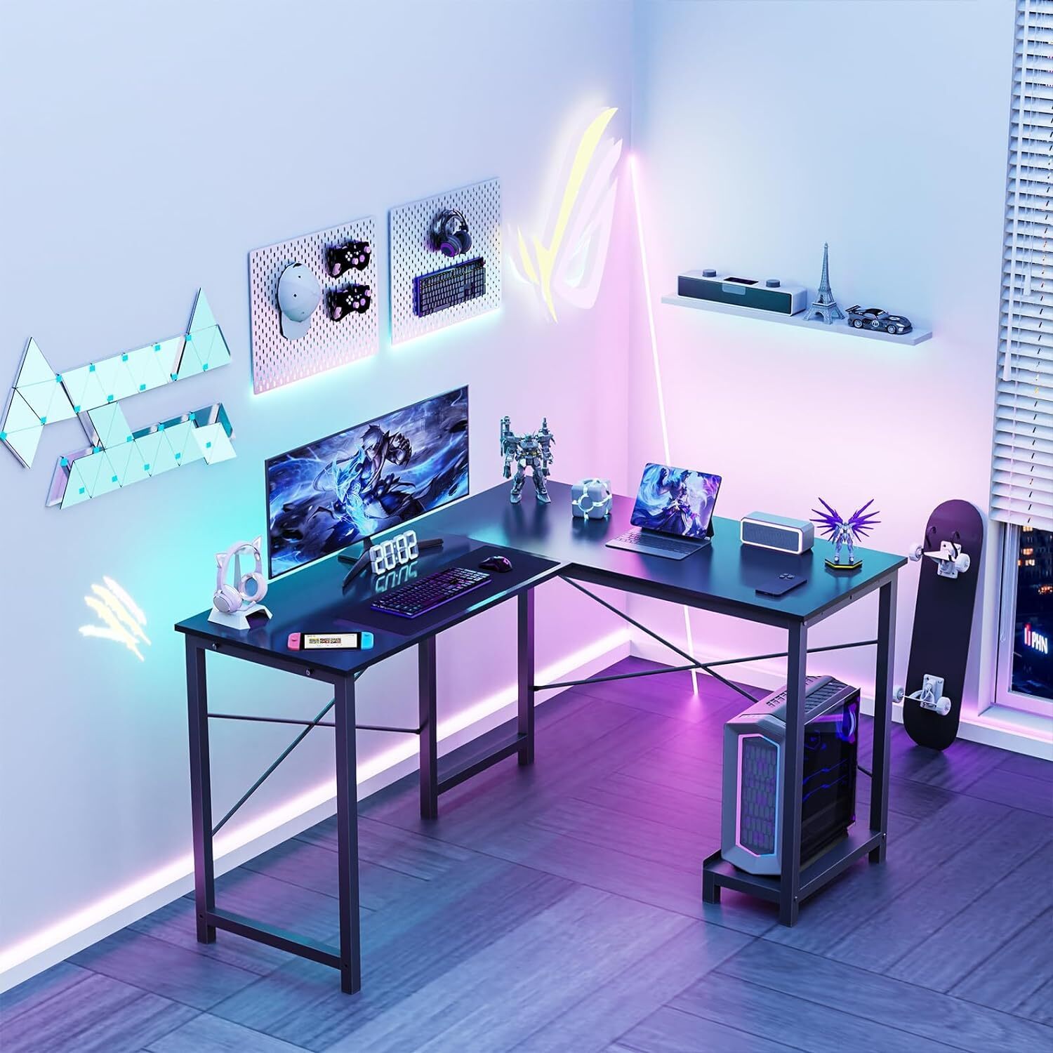 Home Office L Shape Corner Computer Desk Gaming PC Table with CPU Stand Side Bag