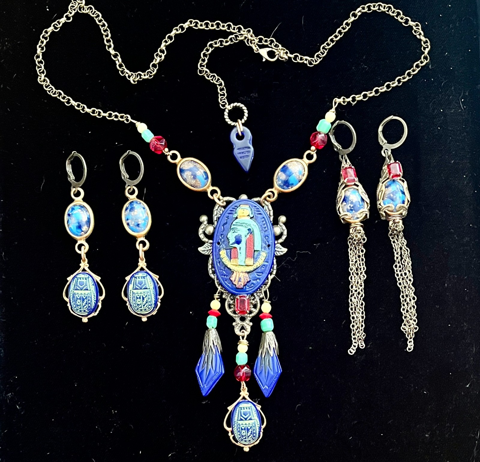 Deco Egyptian Revival Necklace Set, Neiger Style Pharaoh, Royal Blue, Red, Green