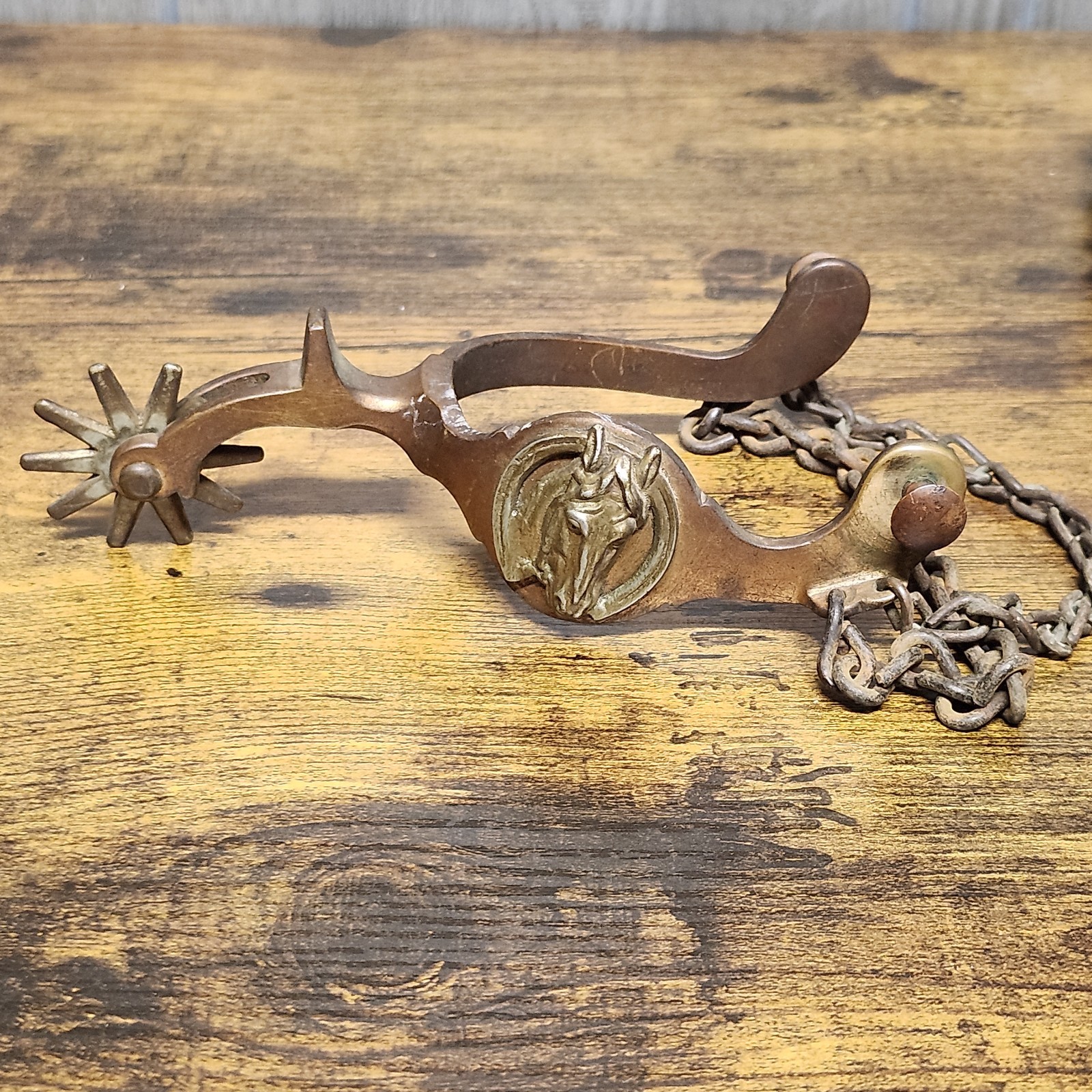 Antique Horse Head Western Spurs Star Mark August Buermann Era Bronze Toned