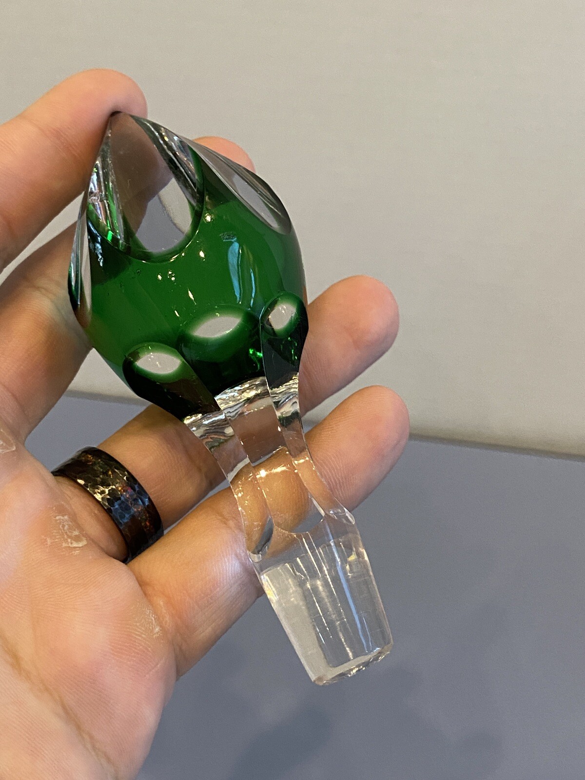 STUNNING VTG Emerald Green Cut To Clear Crystal Decanter W/Stopper 15.25"H