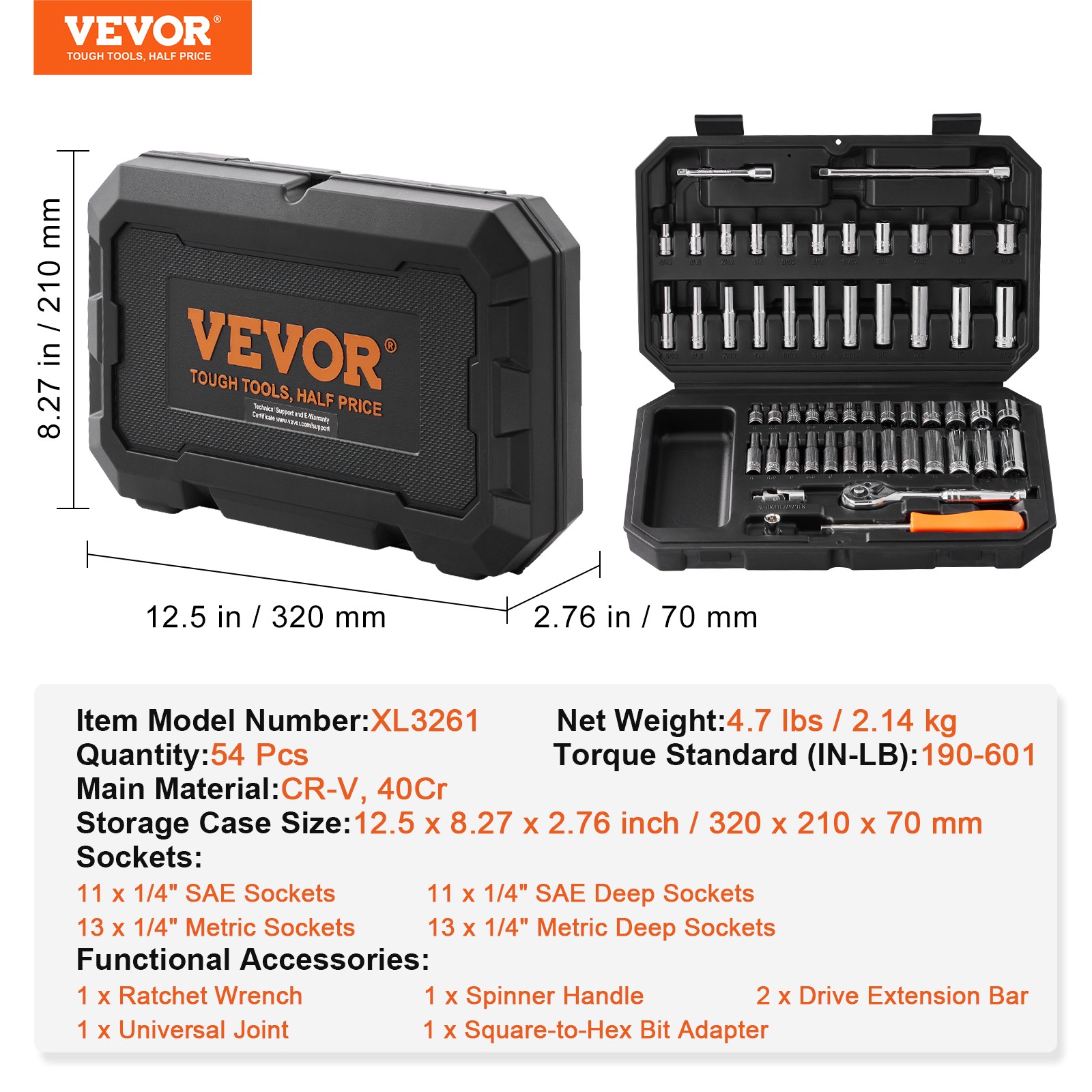 VEVOR Socket Set 1/4 Inch Drive Socket and Ratchet Set 6-Point 54 Pcs Tool Set