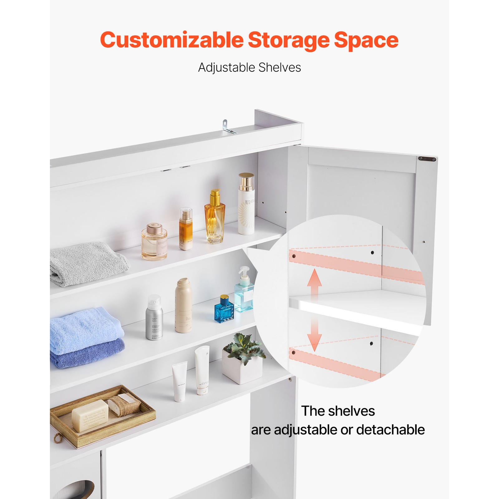 Over The Toilet Storage Cabinet for Bathroom with Adjustable Shelf White 67.4" H