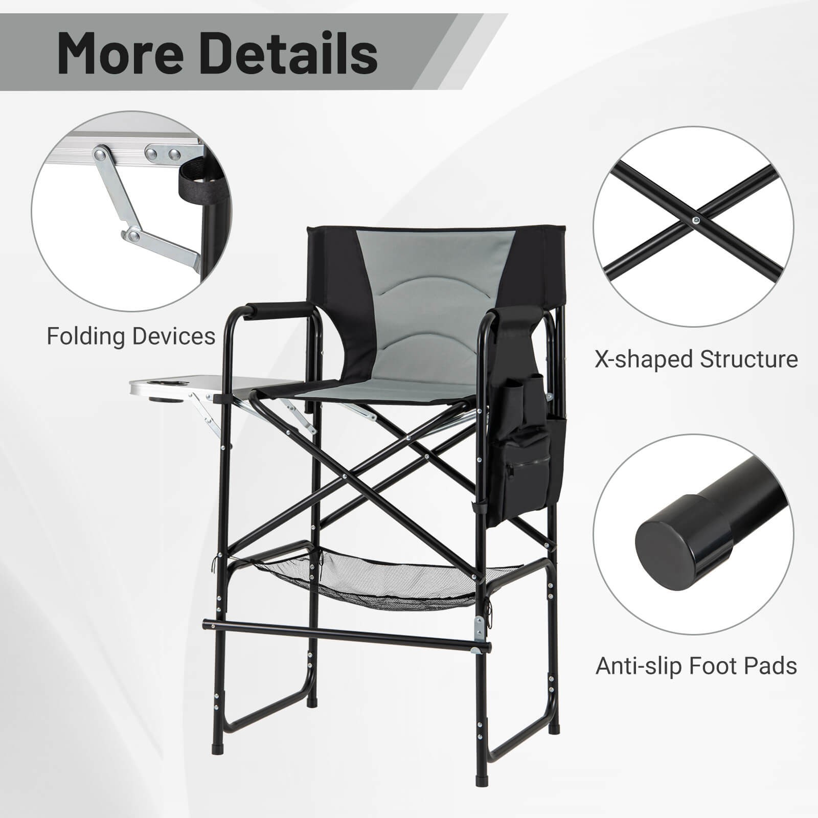 46" Tall Directors Chair with Foldable Side Table & Footrest, Extra Cup Holder