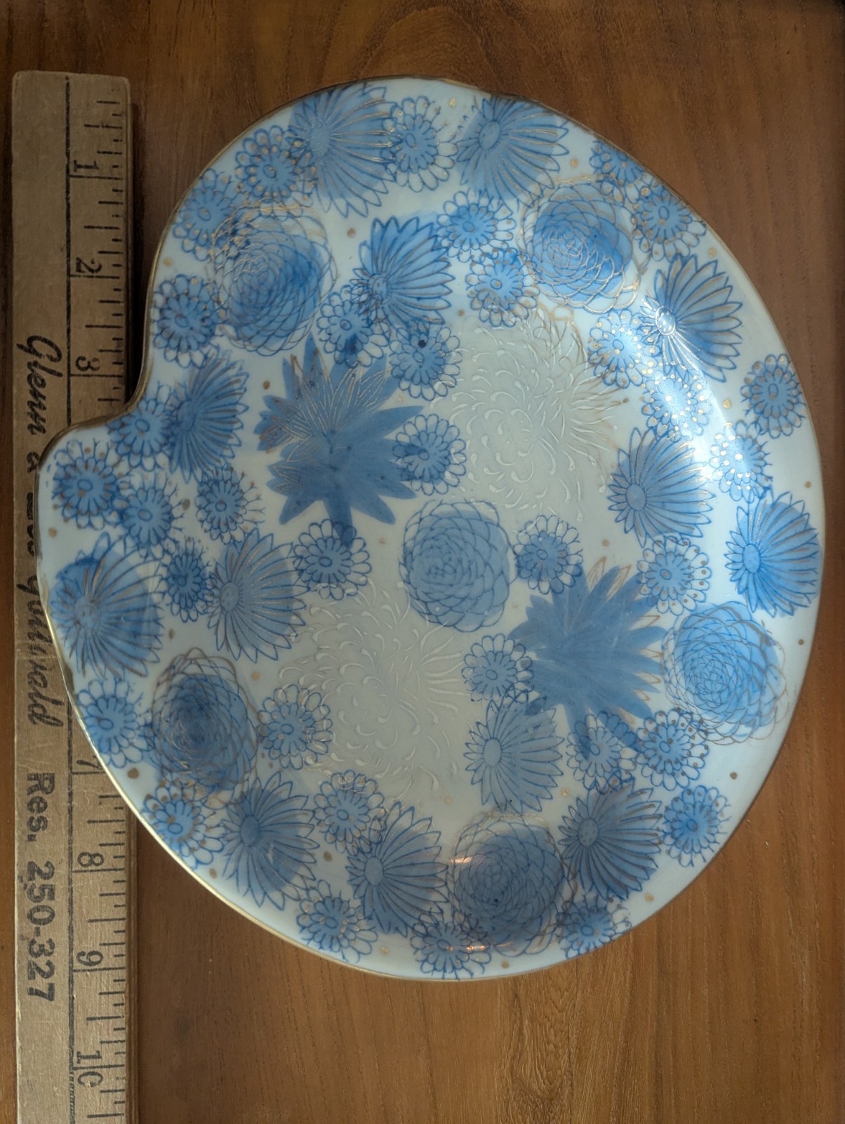 Vtg Kutani Gold Chrysanthemum Flower Japan Blue Trinket Dish Ashtray MCM Art