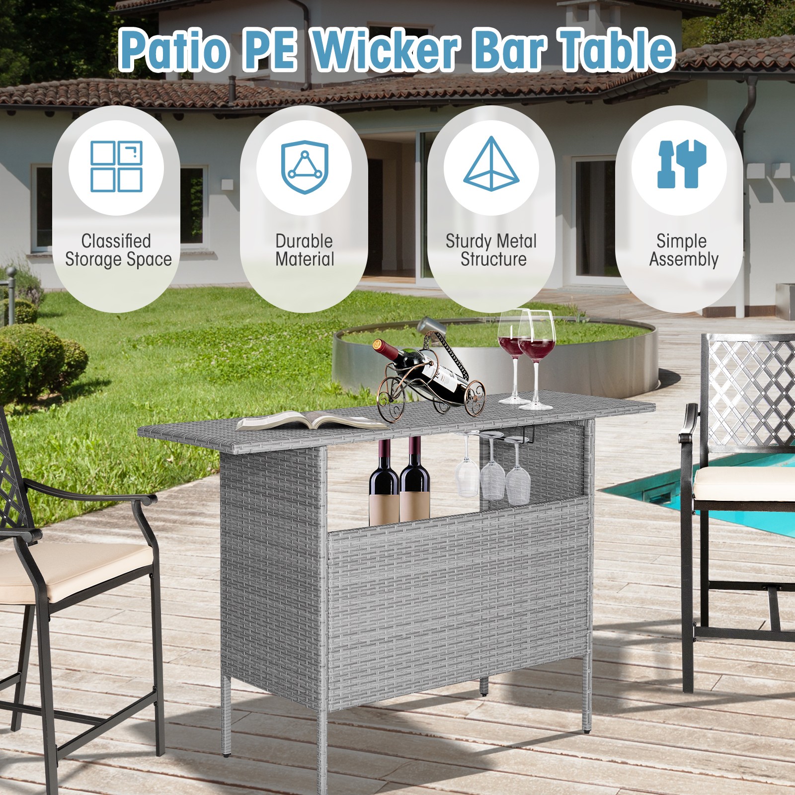 Outdoor Patio Wicker Bar Table w/ 55” Large Tabletop & 2 Metal Shelves Mix Grey