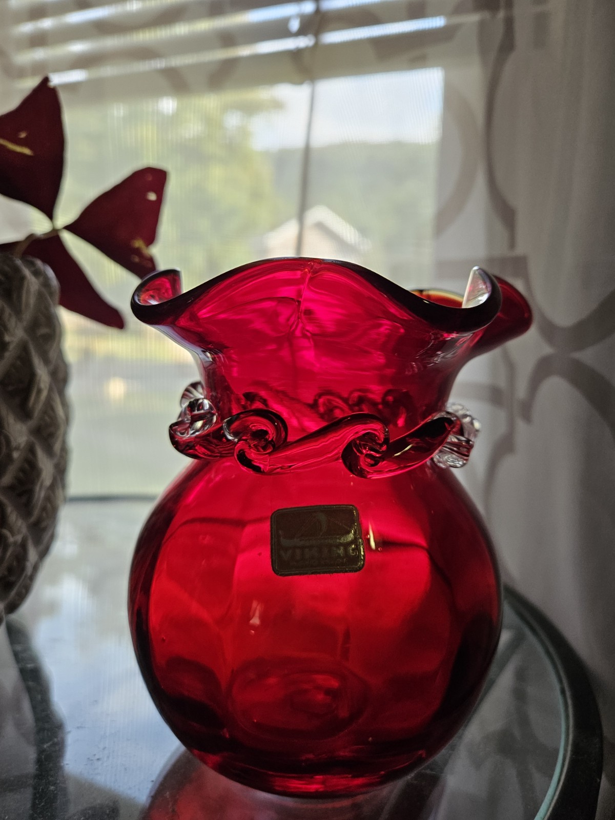 Vintage Viking Ruby Red Glass Vase Ruffle Rim With Clear Band Design - Beautiful