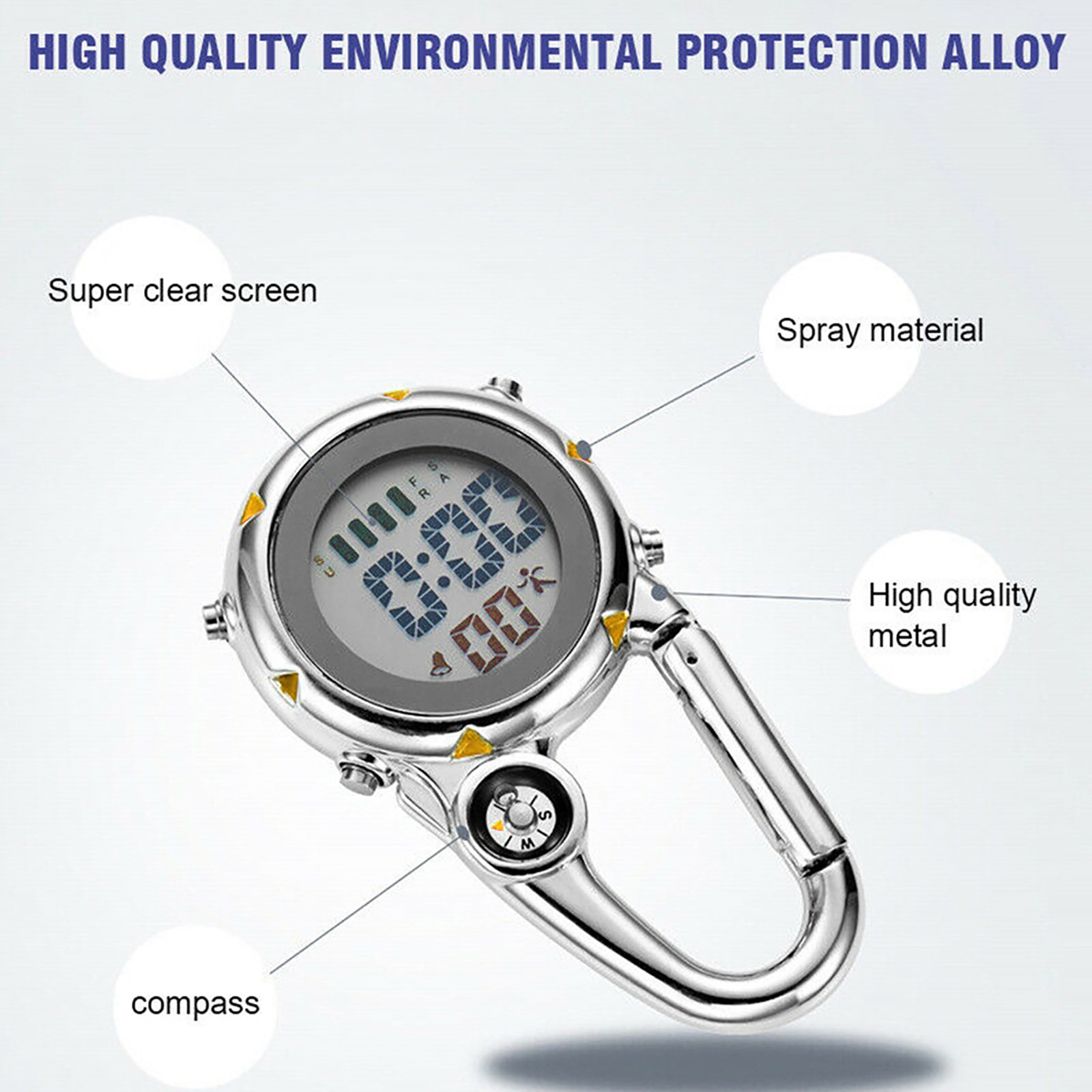 Alloy Luminous Backpack Clip On Band Carabiner Digital Sports Fob Hiking Watch.