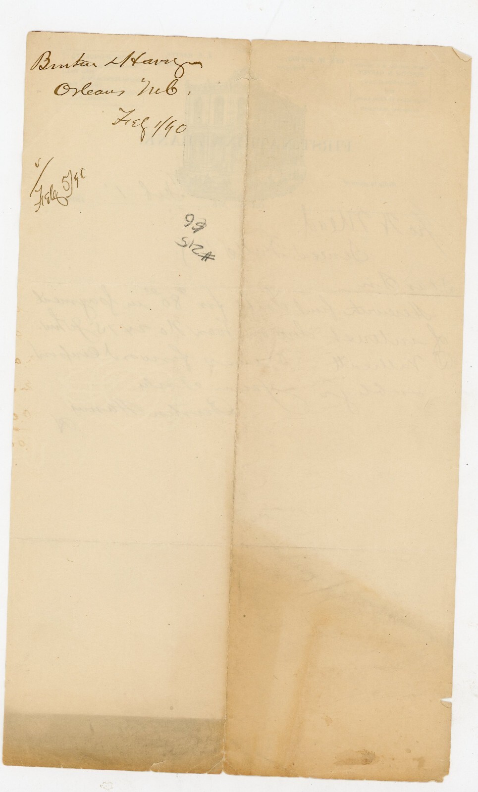 1890 First National Bank Orleans NE Letter Burton Harvey Signed Interest Payment