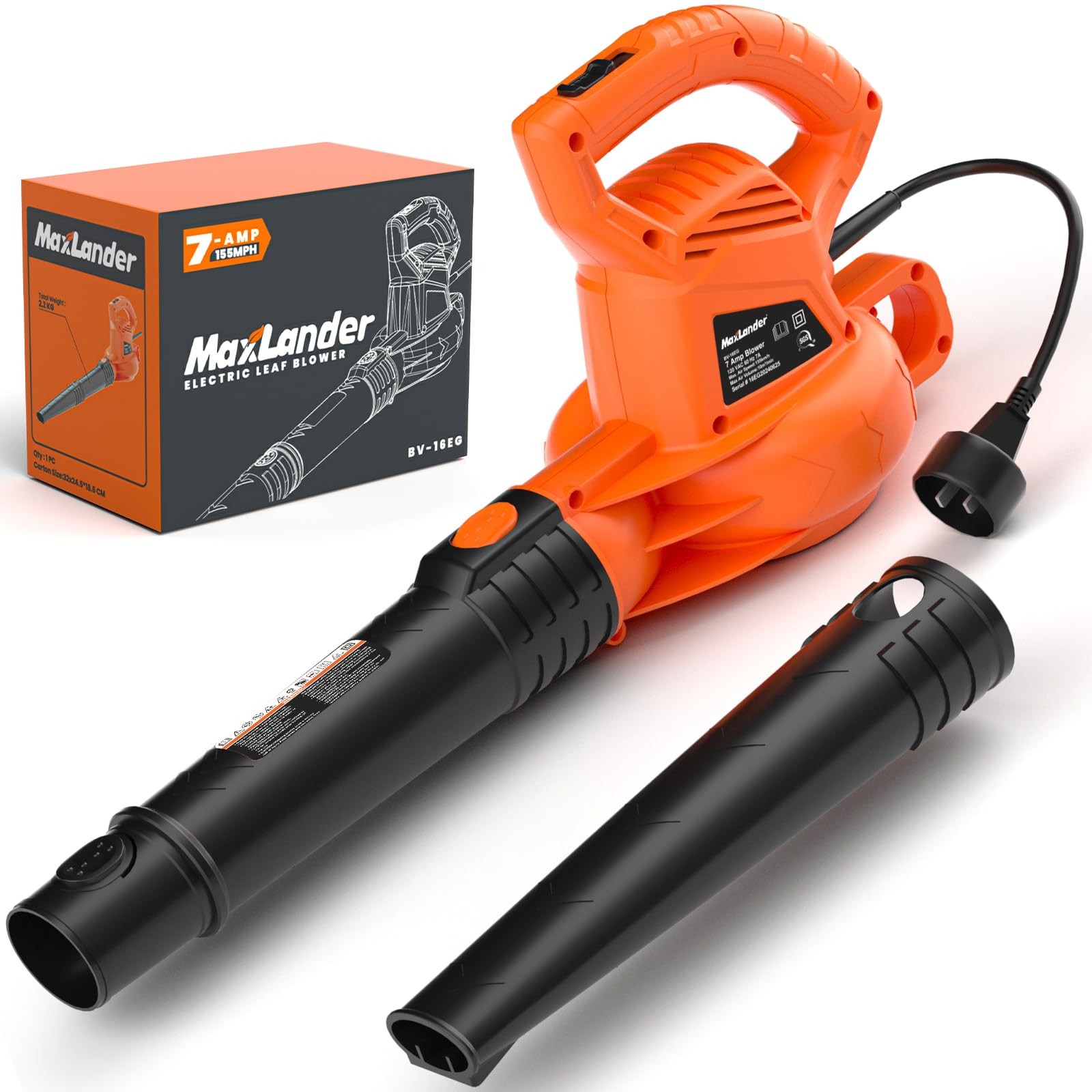 MAXLANDER Leaf Blower Corded, 7-AMP 350CFM/155MPH Electric Orange & Black
