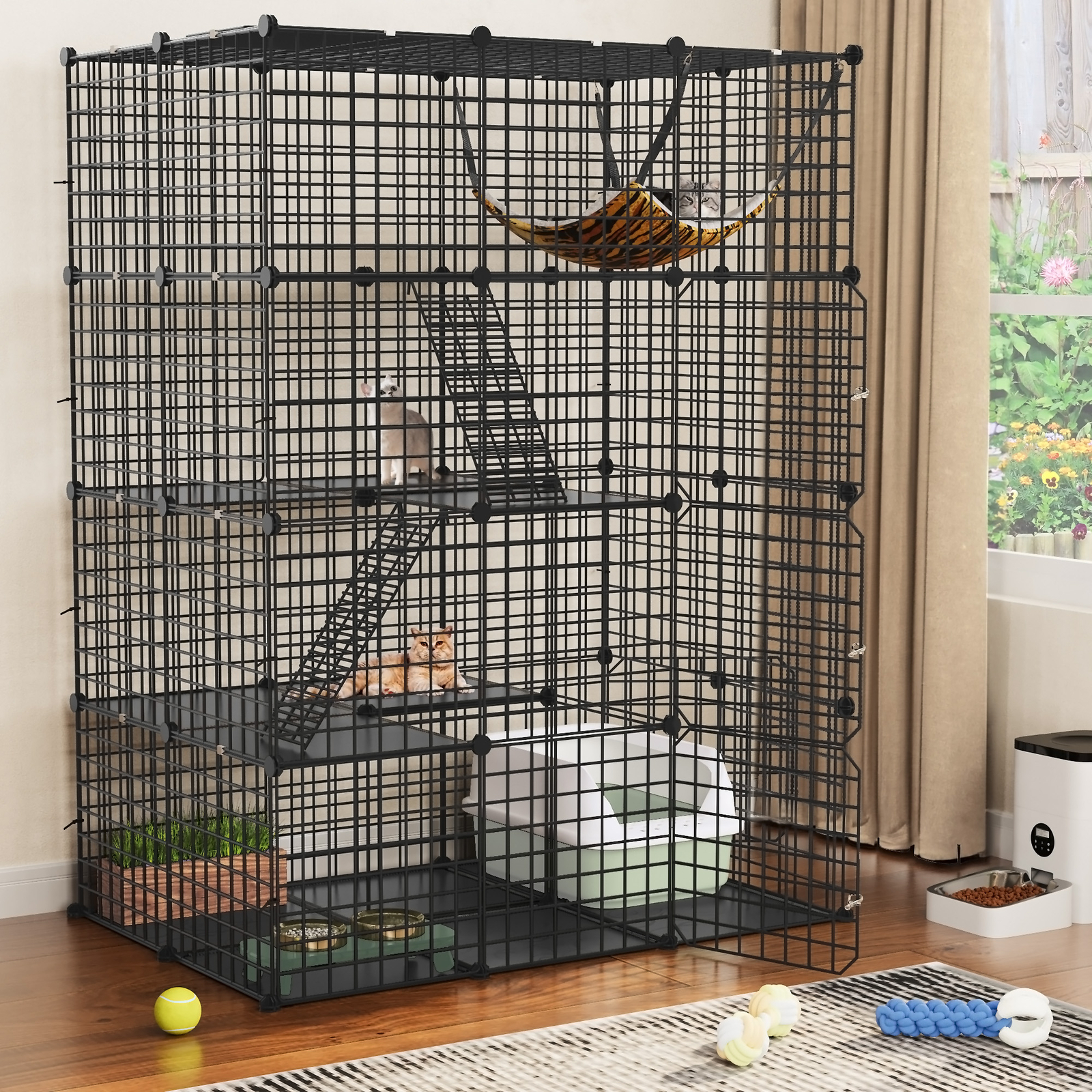 Large Cat Cage Enclosure Metal Wire 4-Tier Kennel DIY Playpen Catio w/ Hammock