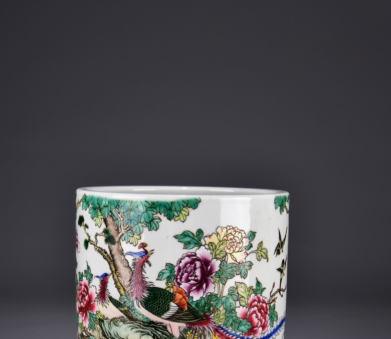 7.8'' YongZheng Marked Famille Rose Porcelain flower bird Brush Pot pencil vase