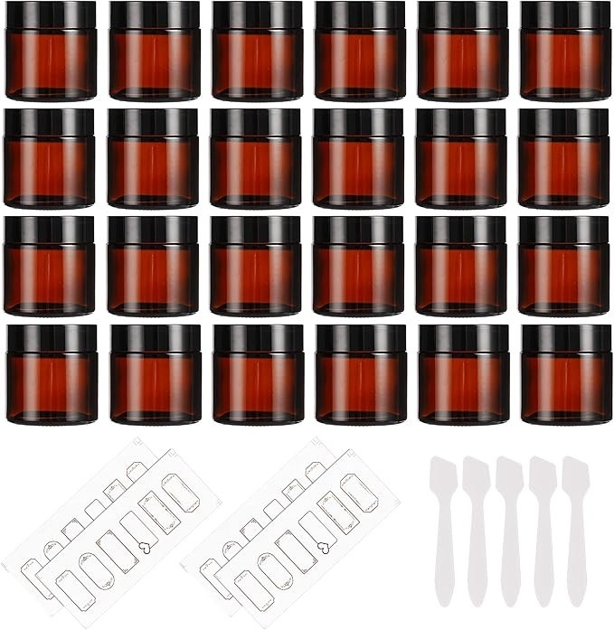 24 Pack 2oz Amber Glass Jars with Black Lids, Round Empty Containers for Scrubs