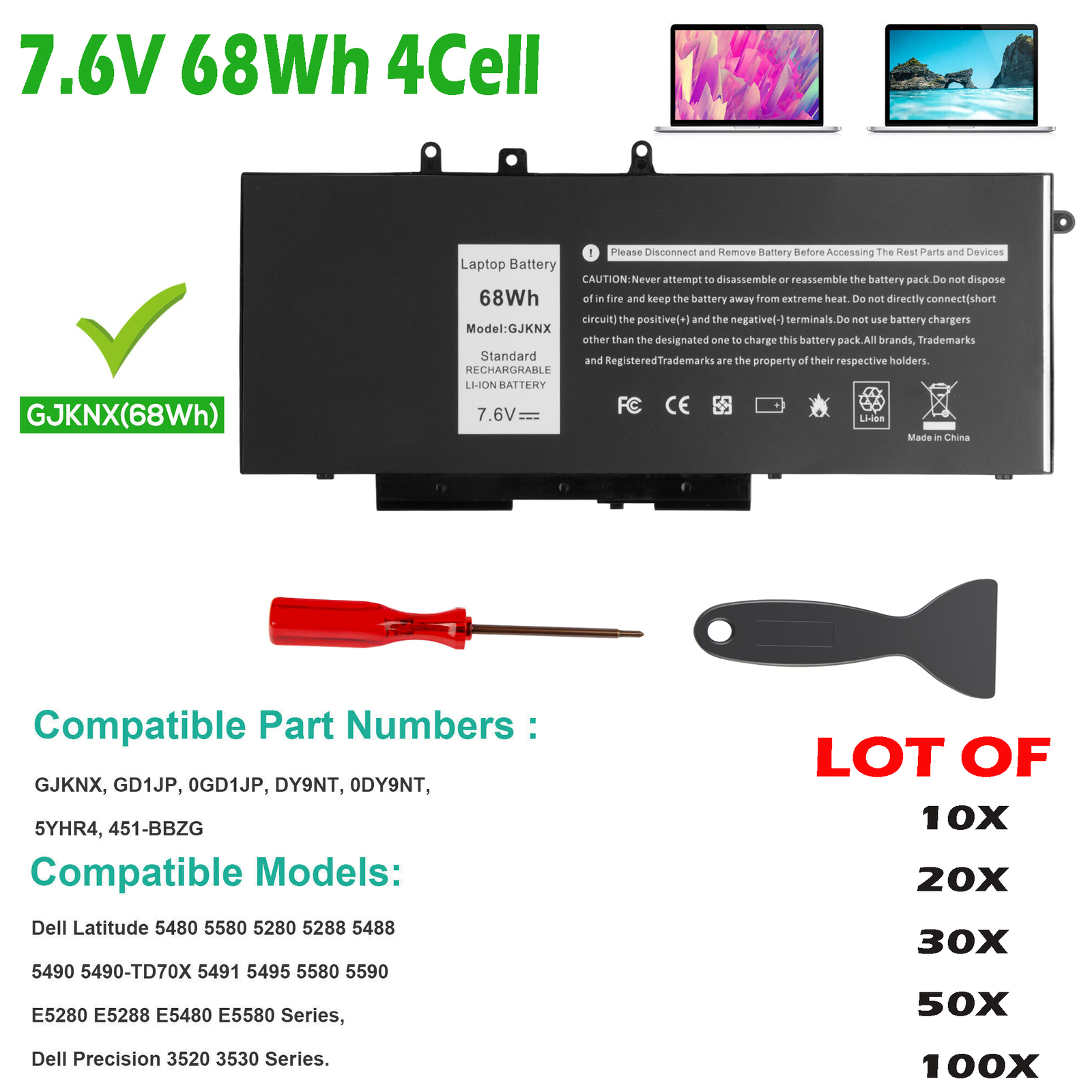 🧡LOT 1-100X GJKNX Battery For Dell Latitude 5480 5580 5490 5590 5488 E5280 68Wh