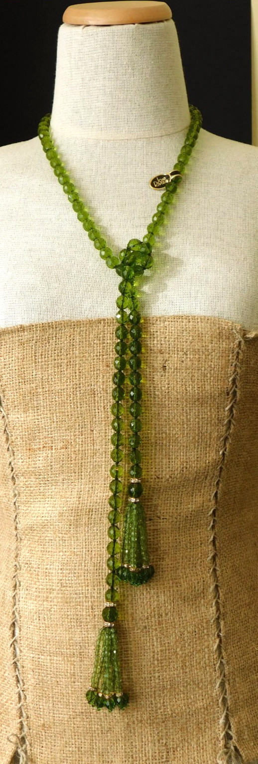 Vintage JOAN RIVERS Lariat Tassel Necklace Green Faceted Beads Flapper NWT