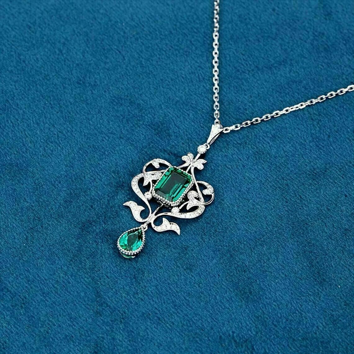 Art Deco Pear Emerald & Lab Created Diamond Floral Wedding 925 Silver Pendant