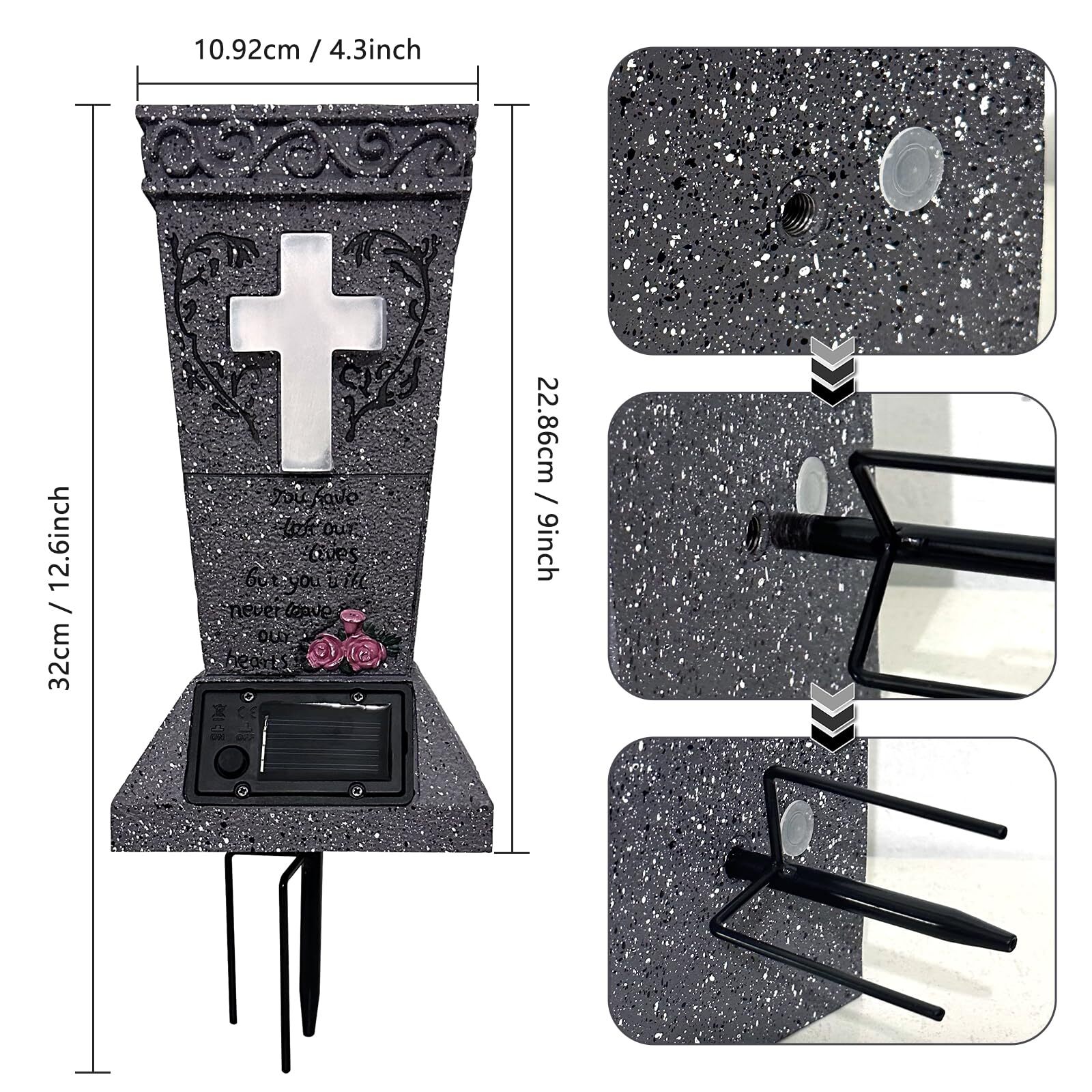 Solar Cemetery Vase with LED Cross Lamp Memorial Flower Holder with Spike Hea...