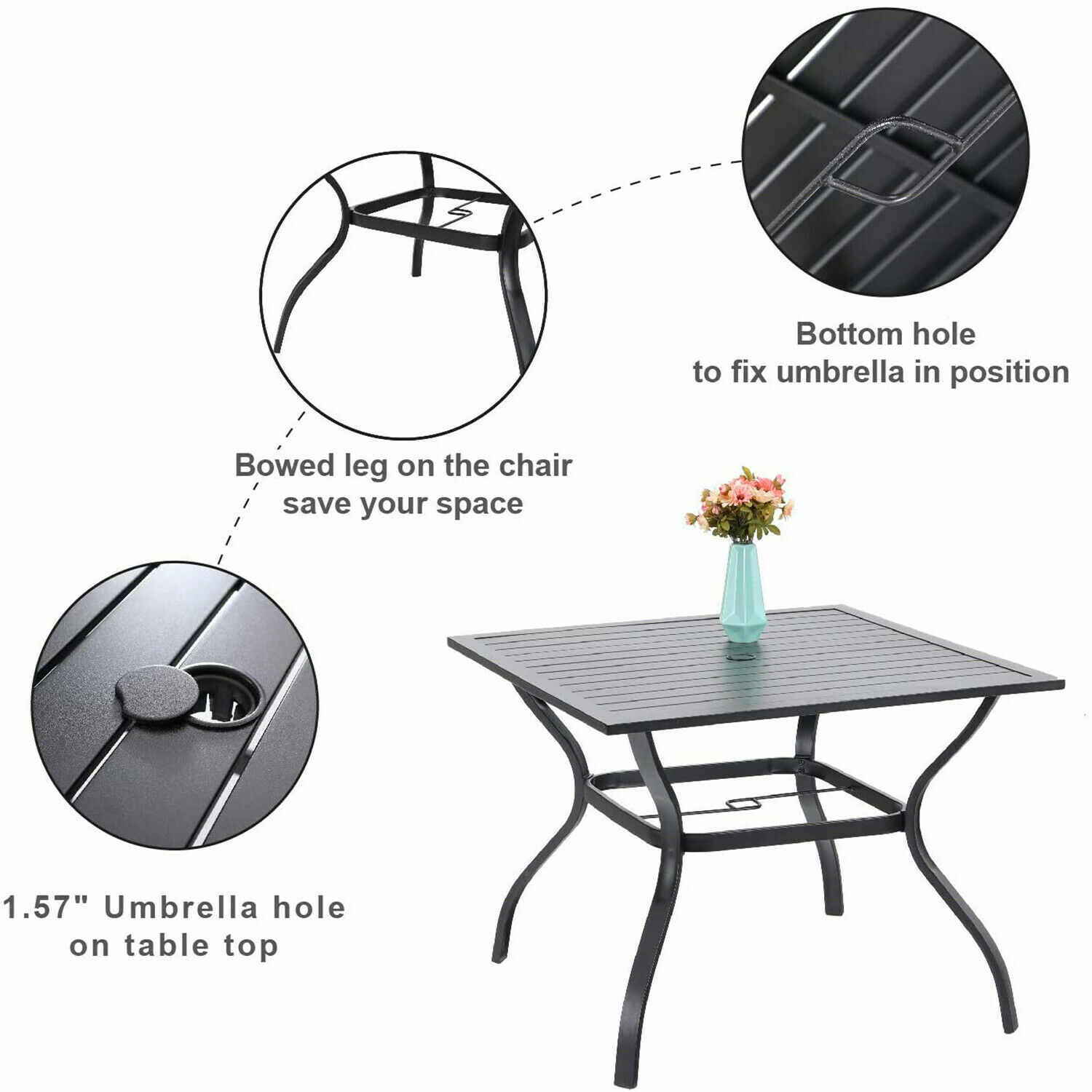 Outdoor Dining Table with Umbrella Hole Metal Patio Table Square for 4 Person US