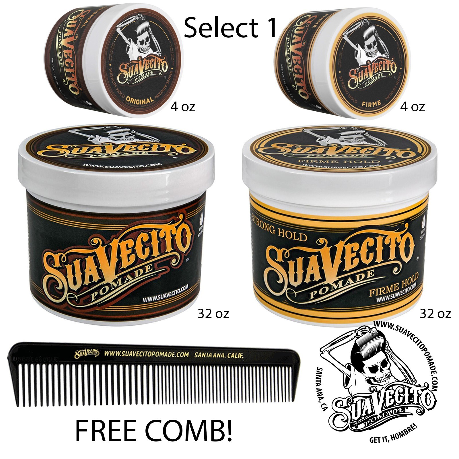 Suavecito Original or Firme (Strong) Hold Pomade 4 oz. or 32 oz.