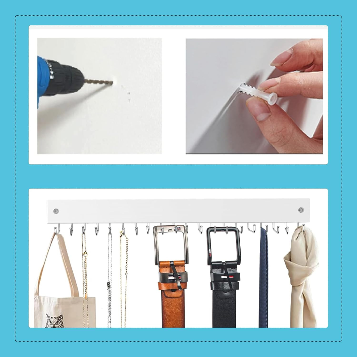 Wall-Mounted Belt and Tie Hanger, Wood Space-Saving Belt Rack with 20 Rotating H