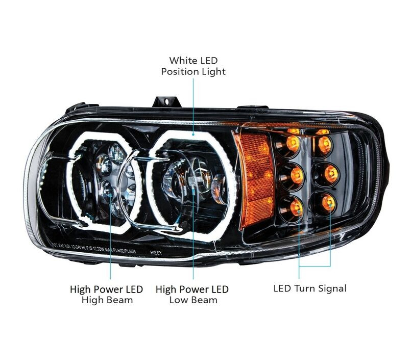 Driver Side Blackout LED Headlight w/ Halos & Turn Signals for Peterbilt 388/389