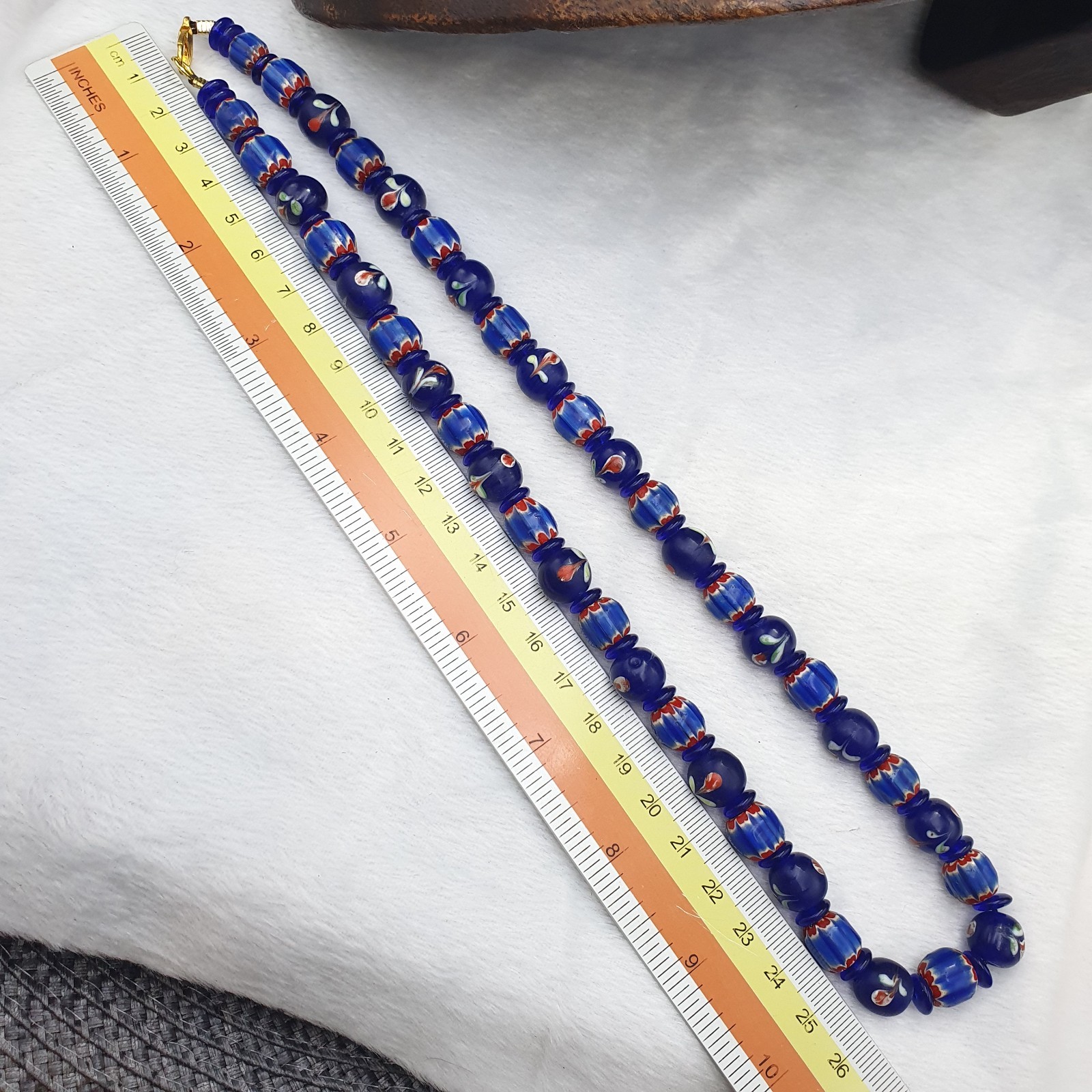 Vintage Venetian Cobalt Blue Floral & Striped Murano Style Beaded Necklace