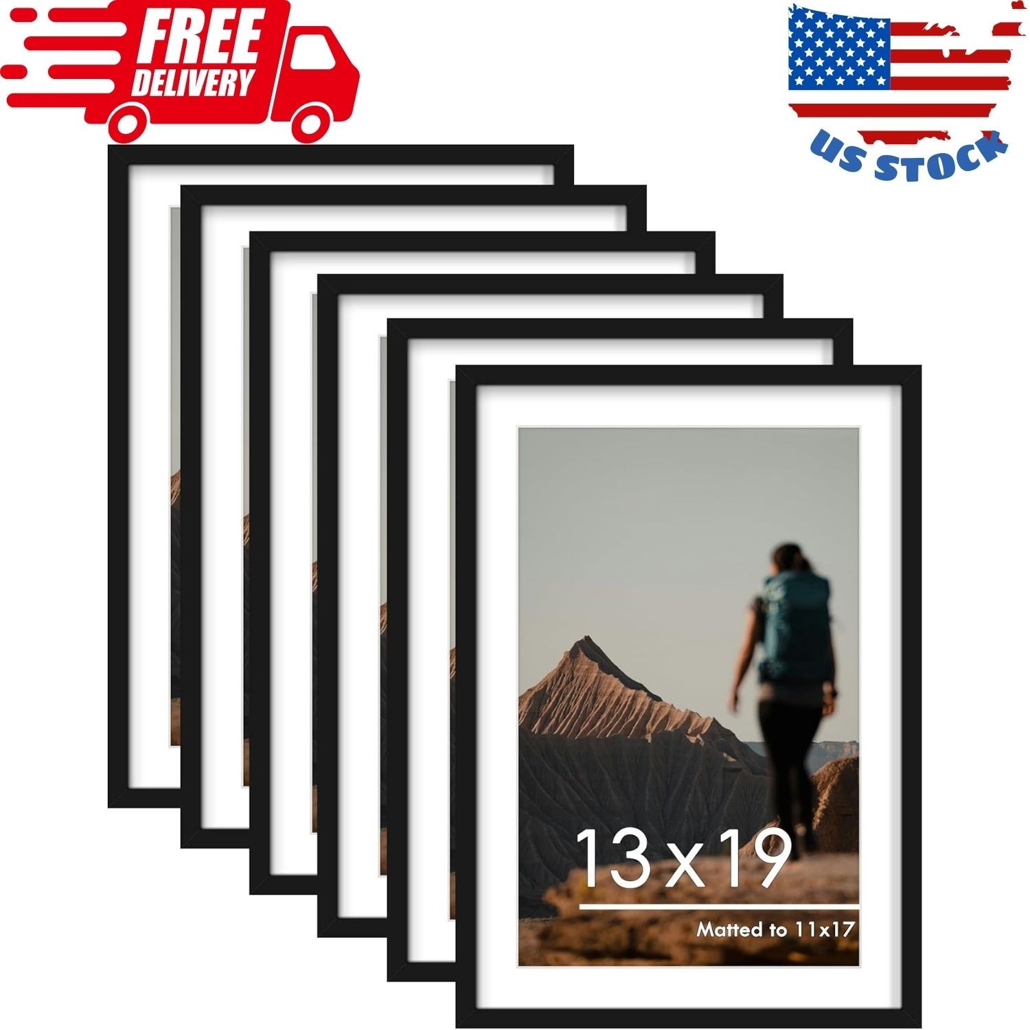13X19 Picture Frame Set of 6, Display Pictures 11 X 17 with Mat or 13 X 19 witho