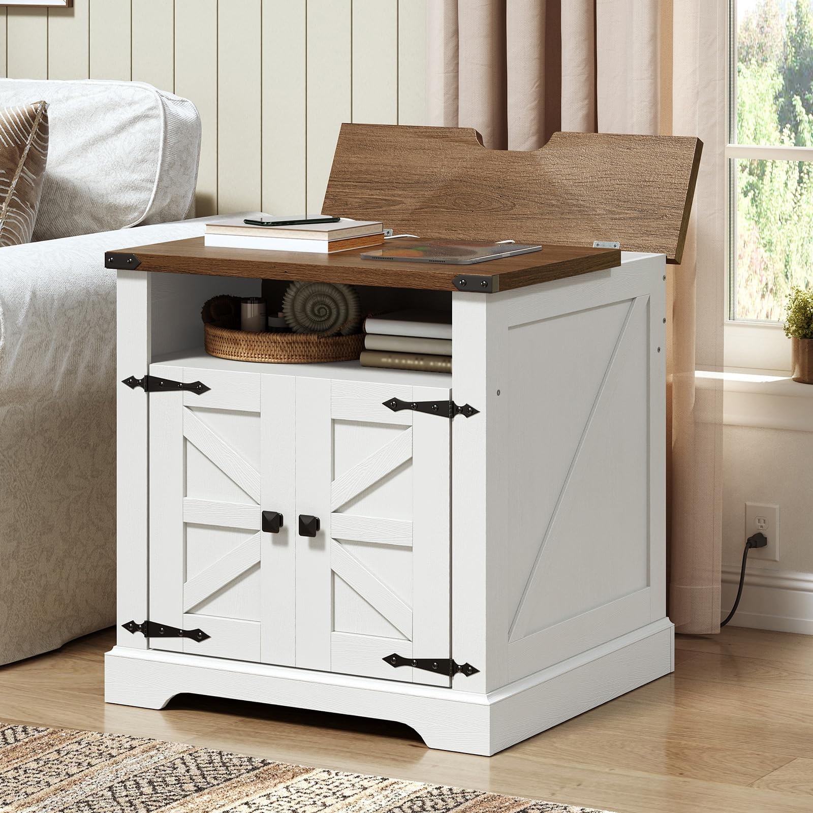 Farmhouse End Table with Charging Station Barn Door Flip Top