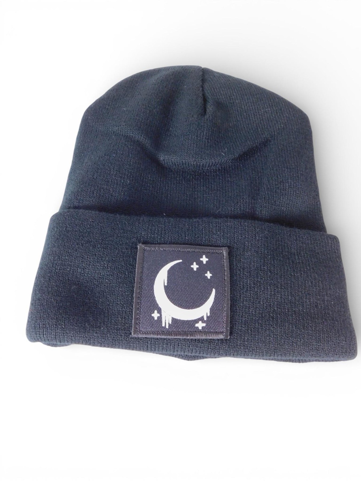 Crescent Moon Beanie Hat Womens One Size Black Satin Lined Knit Warm Winter