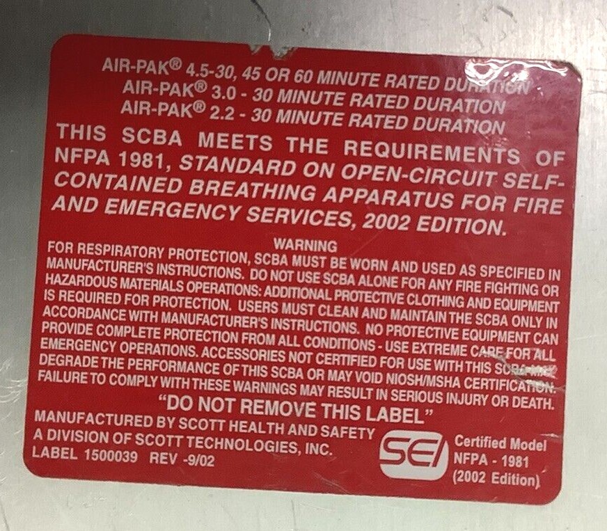 Scott 4.5 SCBA Harness w/AirPak Plus & EZ Flo Regulator & Air Supply Firefighter