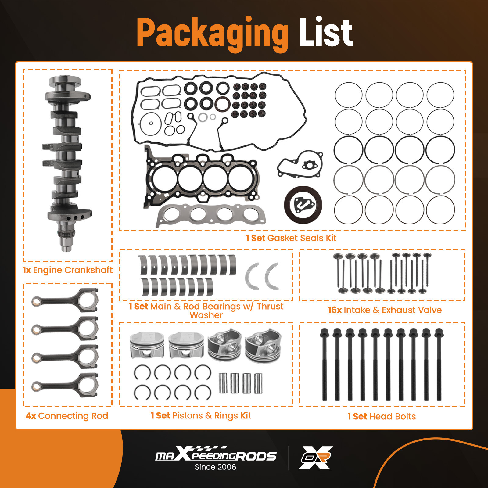 G4NH 2.0L Engine Rebuild Piston Gasket Kit Crankshaft Rods for 17-22 Hyundai Kia