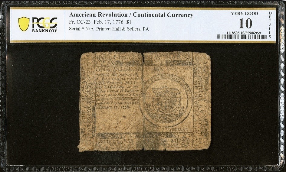 1776 American Revolution $1 Continental Currency, Colonial Banknote CC-23, PCGS
