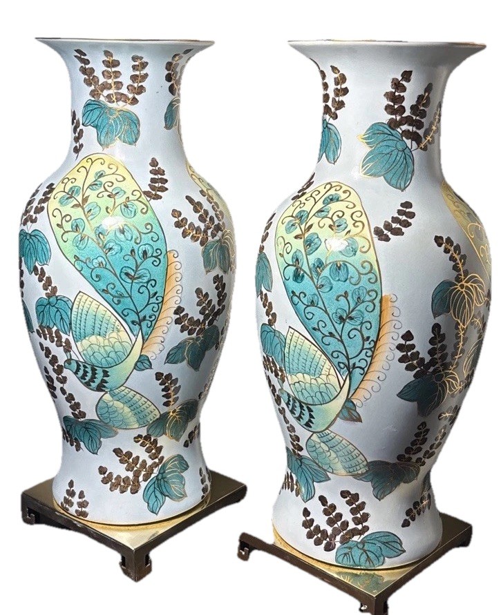 Beautiful Pair of Large Chinese Jingdezhen Porcelain Vases on Brass Stands 16”