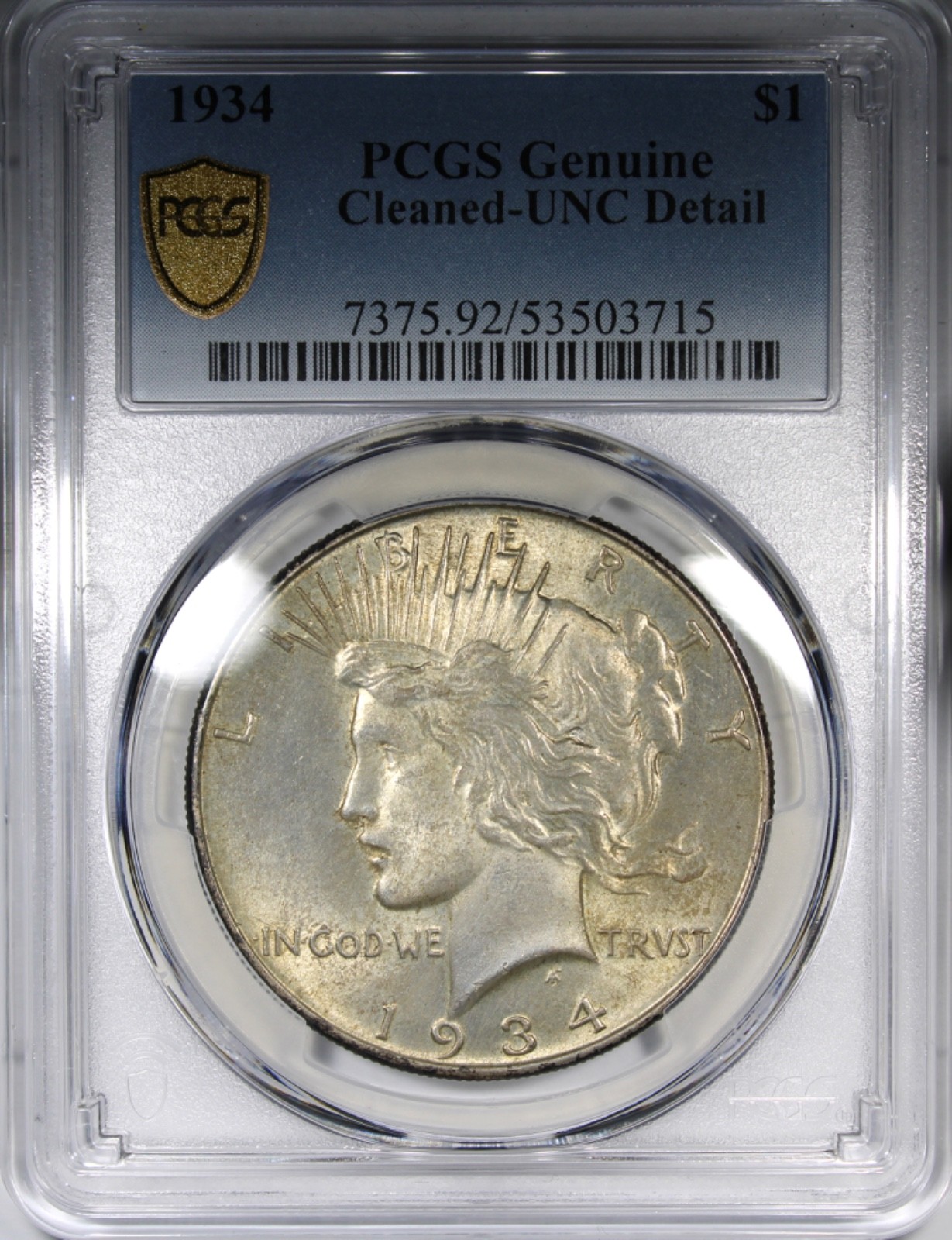1934-P Peace Dollar PCGS UNC Details Cleaned $1