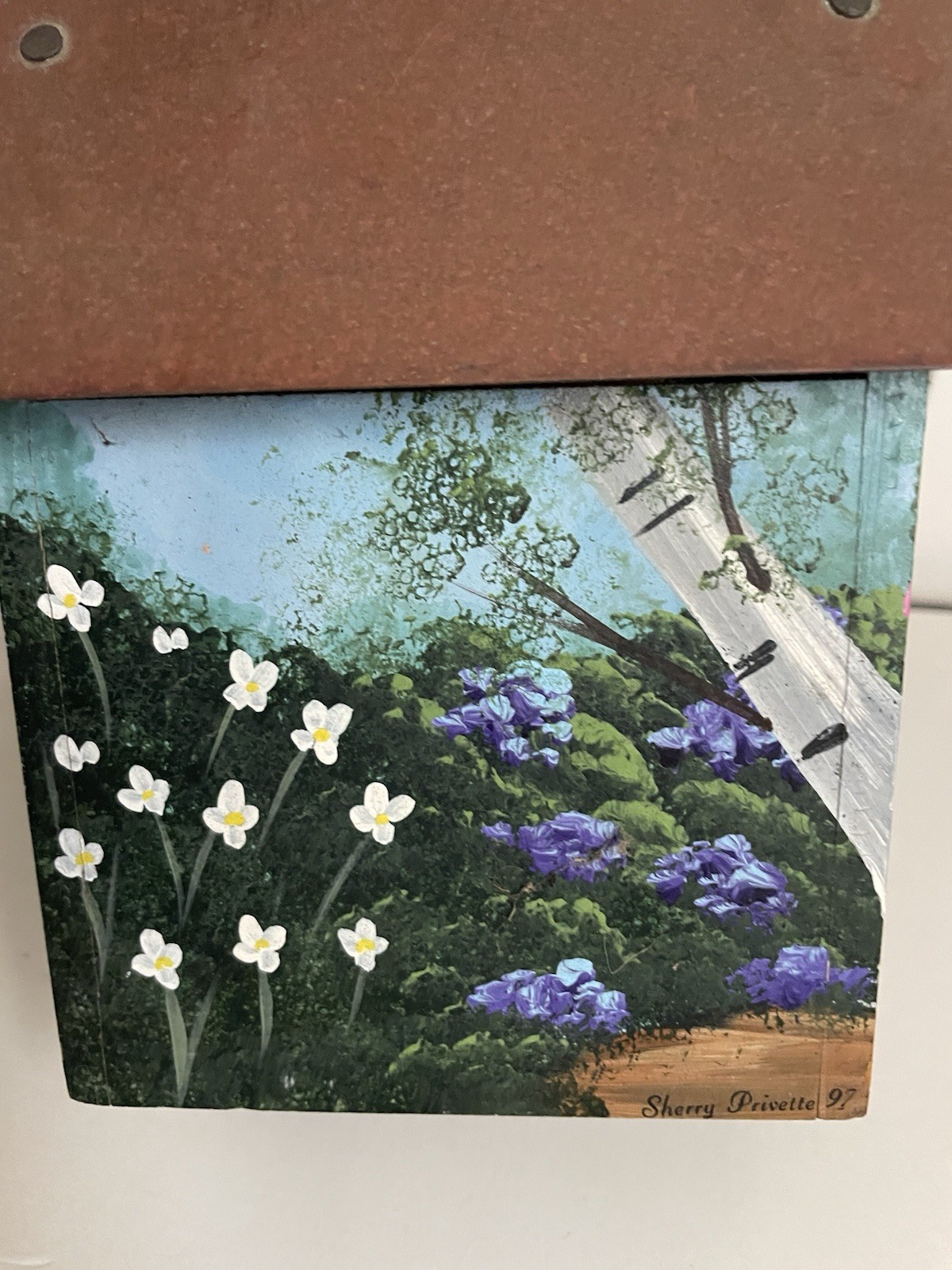 Vtg Hand Painted Birdhouse Copper Roof Polly's Perch similar 'The Art Dept' 1996